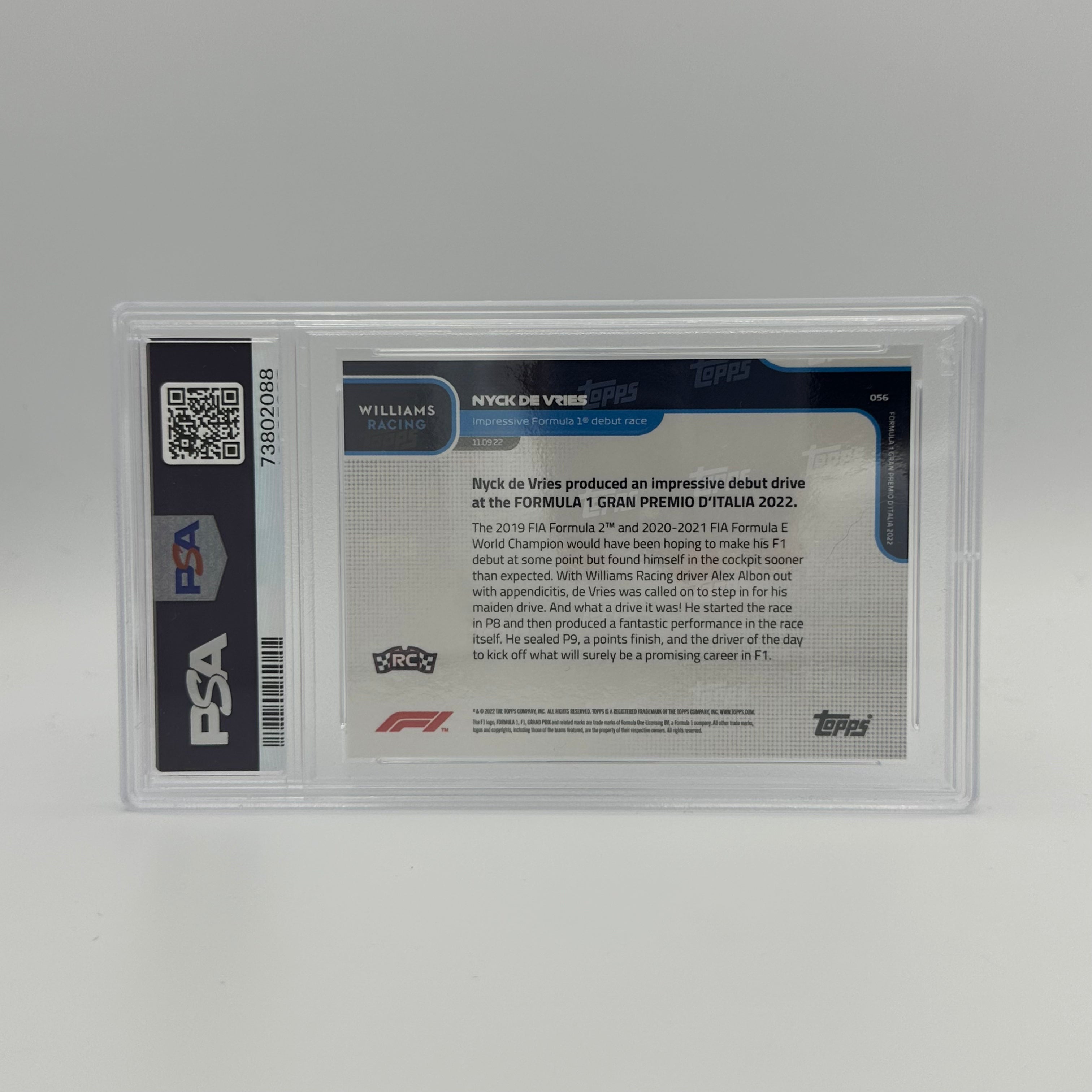 PSA 10 Graded 43/99 Nyck de Vries Rookie Card - 2023 Formula 1 Debut #056 - Perfect for F1 Collectors and Racing Memorabilia Enthusiasts