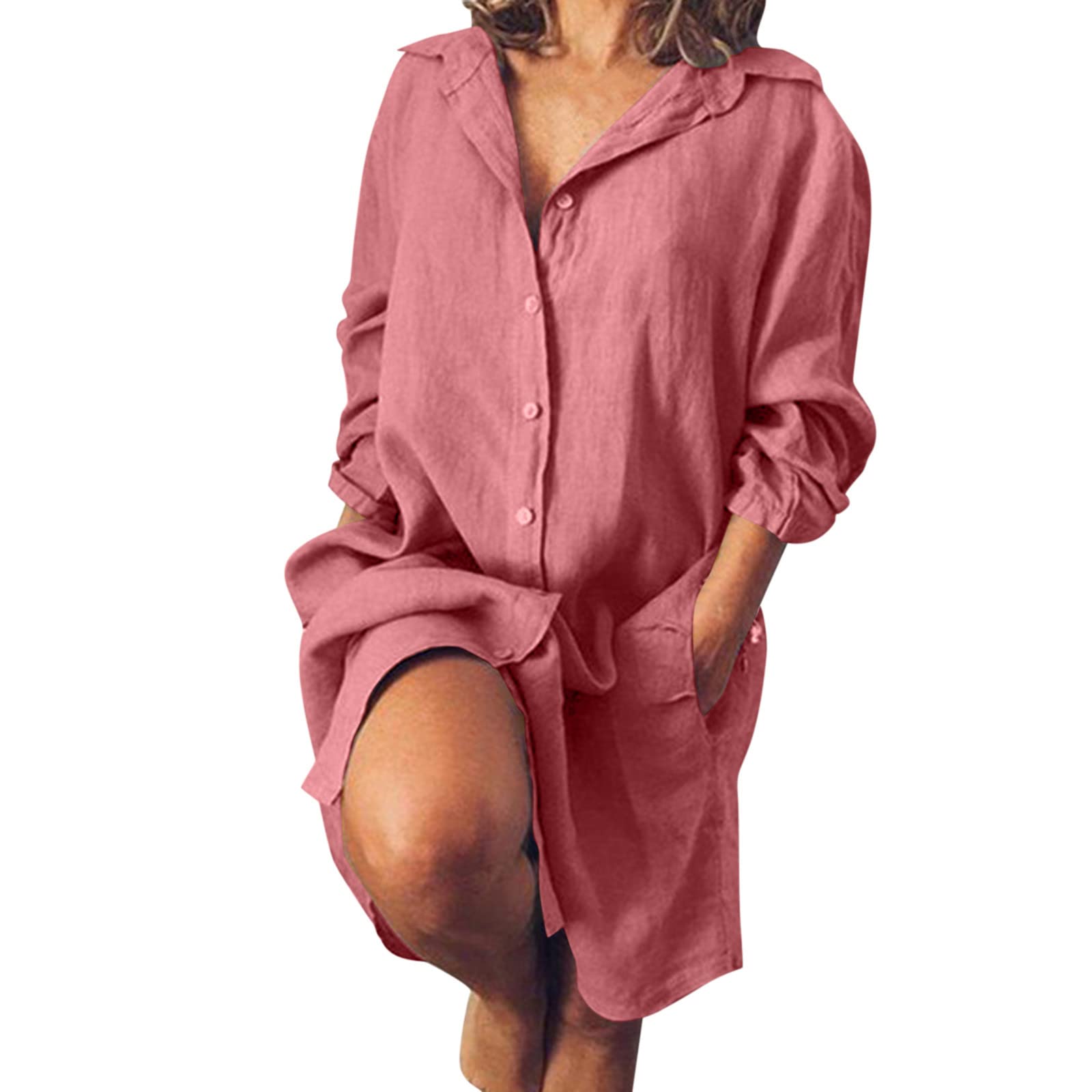 Women's Cotton Linen Scrunch Dress - Casual Loose Maxi Shirt Dress for Summer | Beach Cover Up, Vacation Outfit, Boho Chic Style