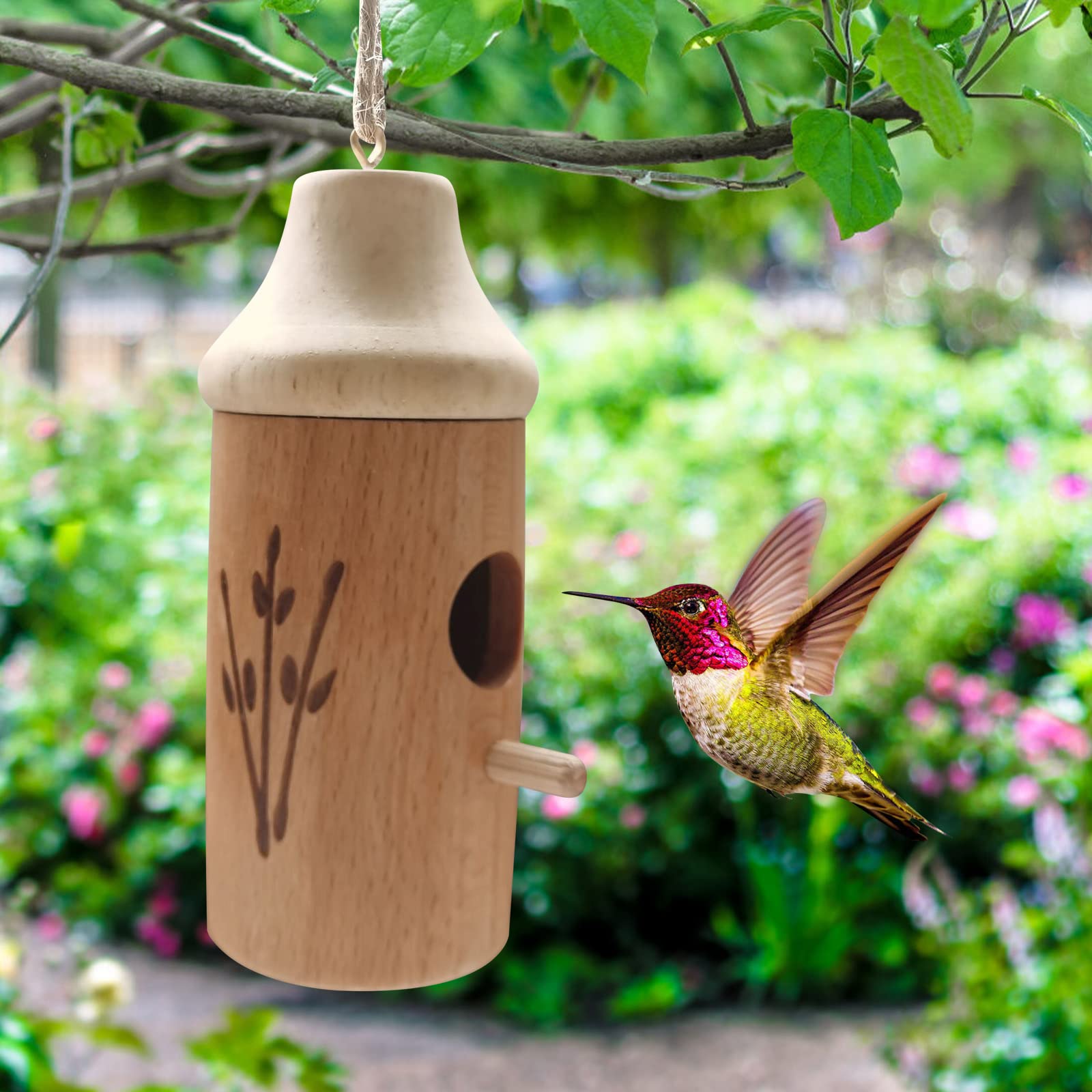 Hummingbird House - Handcrafted Wooden Hanging Birdhouse for Outdoor & Garden Decor, Attracts Hummingbirds & Small Birds (Sparrows, Swallows) - Perfect for Backyard, Patio, and Nature Lovers