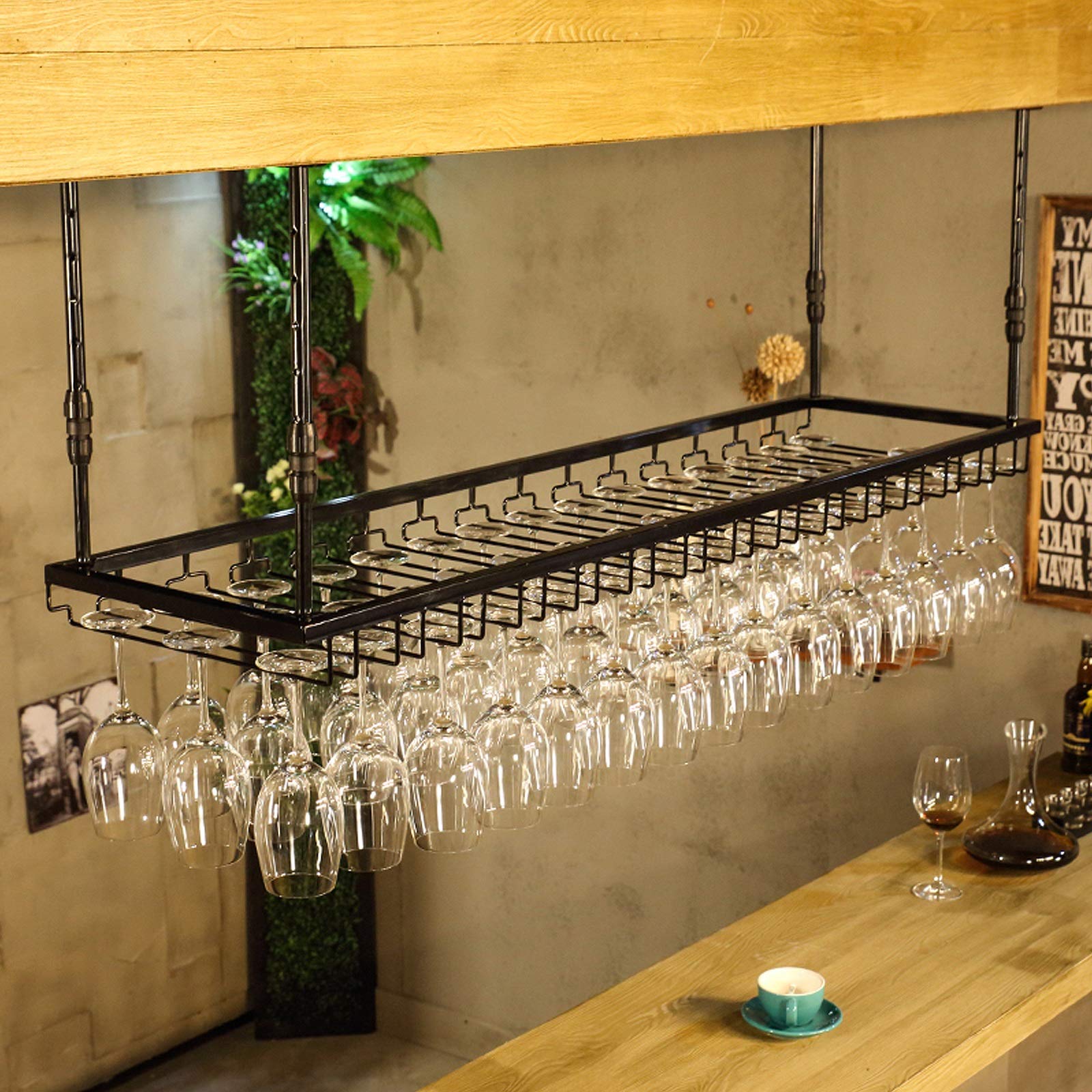 Rustic Adjustable Hanging Wine Rack & Glass Holder - Black Iron Ceiling Wine Storage Shelf for Bars, Restaurants, Kitchens - Perfect for Wine Display & Glass Organization (9035cm)