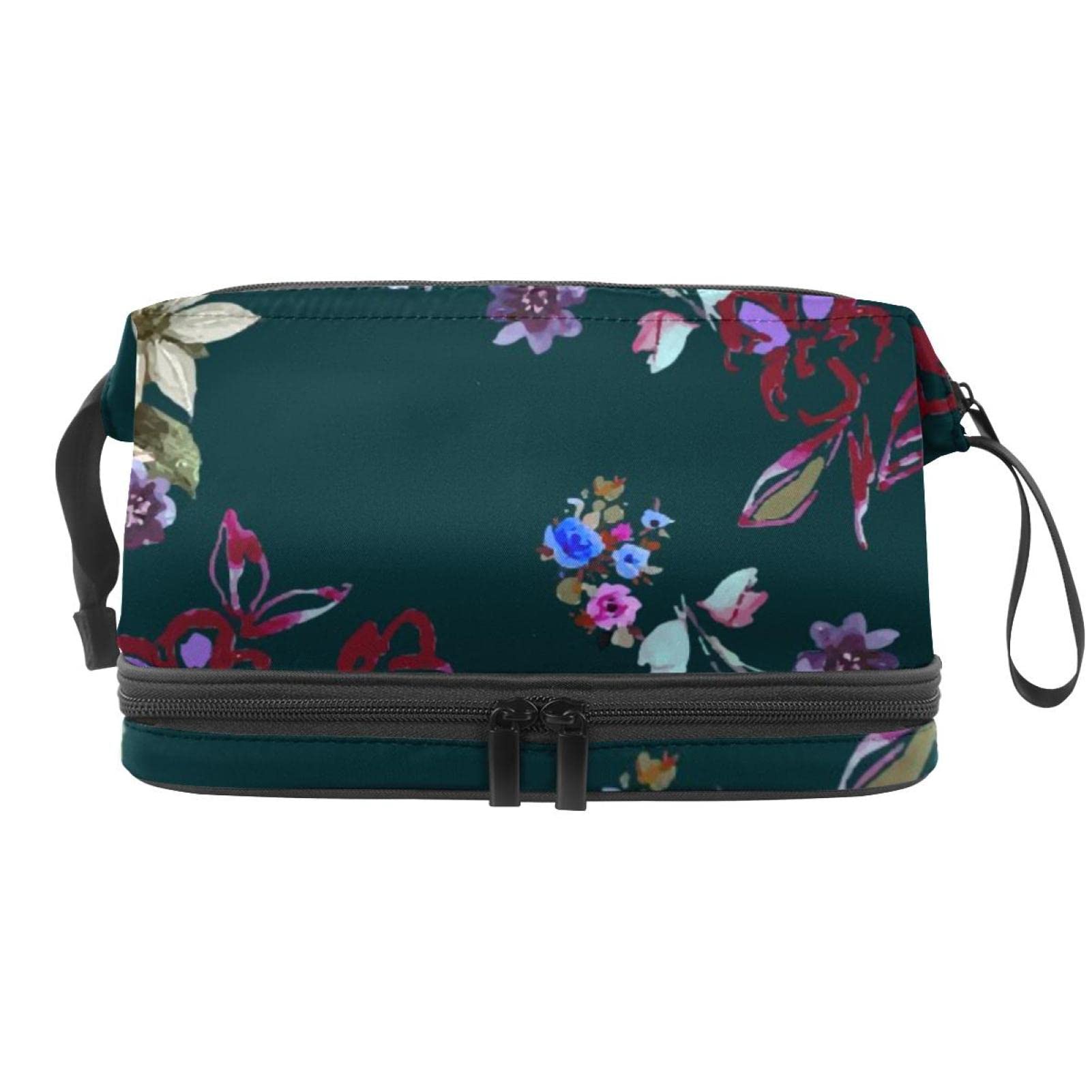 Double Layer Travel Makeup Bag with Brush Compartment - Large Cosmetic Organizer & Toiletry Pouch for Women | Perfect for Vacation, Gym, and Daily Essentials Storage (Puppy & Flower Design)