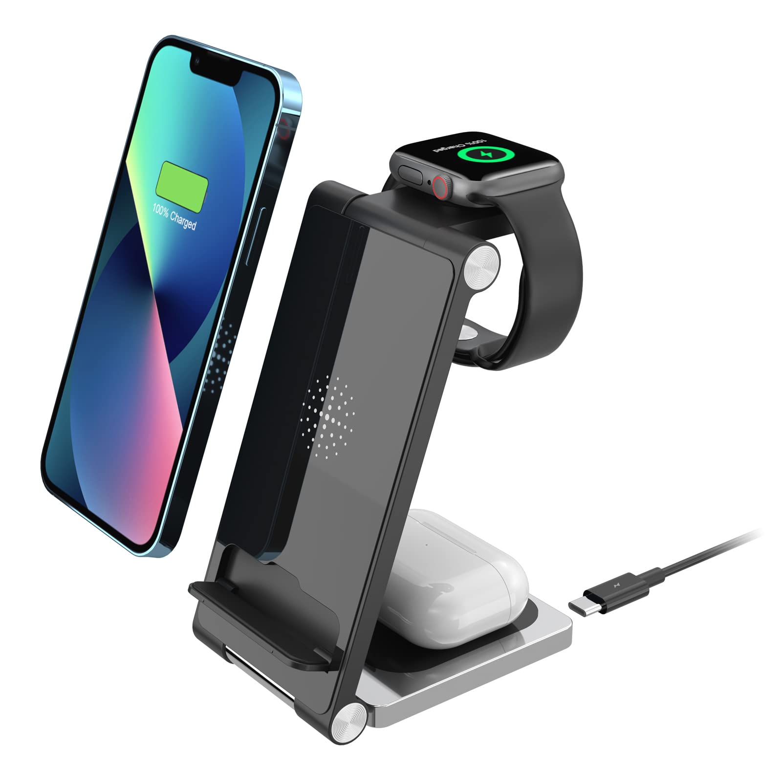 3-in-1 Metal Qi Fast Charging Station - Wireless Charger Stand Dock for iPhone, AirPods & Smartphones | Multi-Device Charging Solution for Home, Office & Nightstand