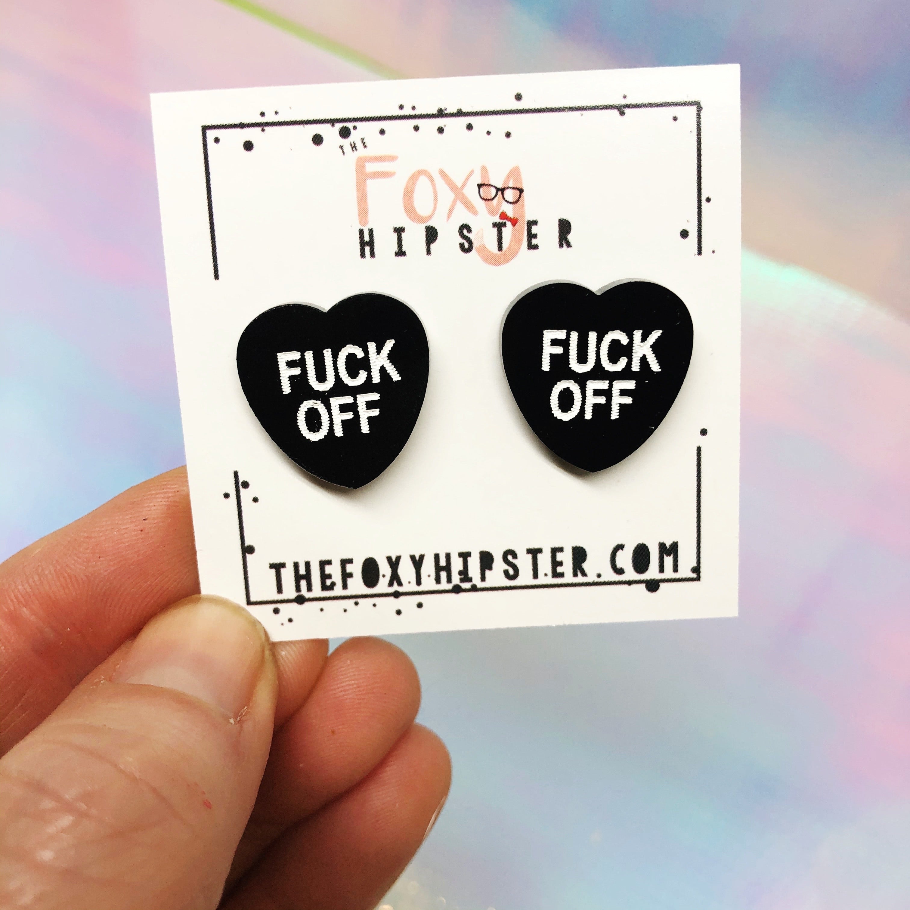 Fuck Off Stud Earrings - Edgy Black Conversation Heart Jewelry for Women | Punk Style Gift for Valentines Day, Halloween & Alternative Fashion