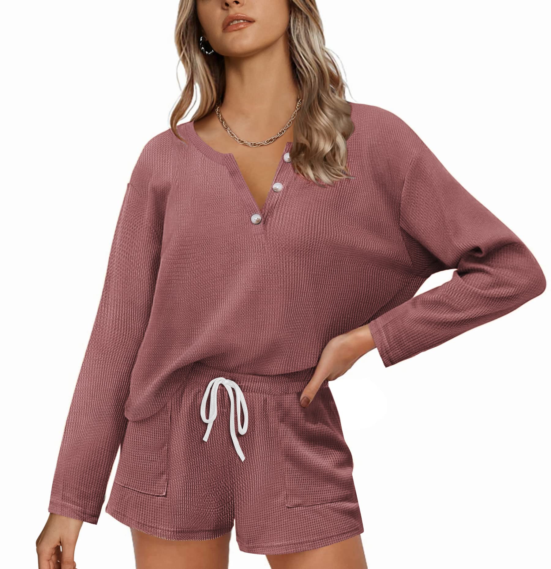 Ekouaer Women's Waffle Knit Pajama Set - Long Sleeve Top & Shorts 2-Piece Outfit with Pockets (S-XXL) | Cozy Lounge Wear for Sleep, Relaxation & Home Comfort