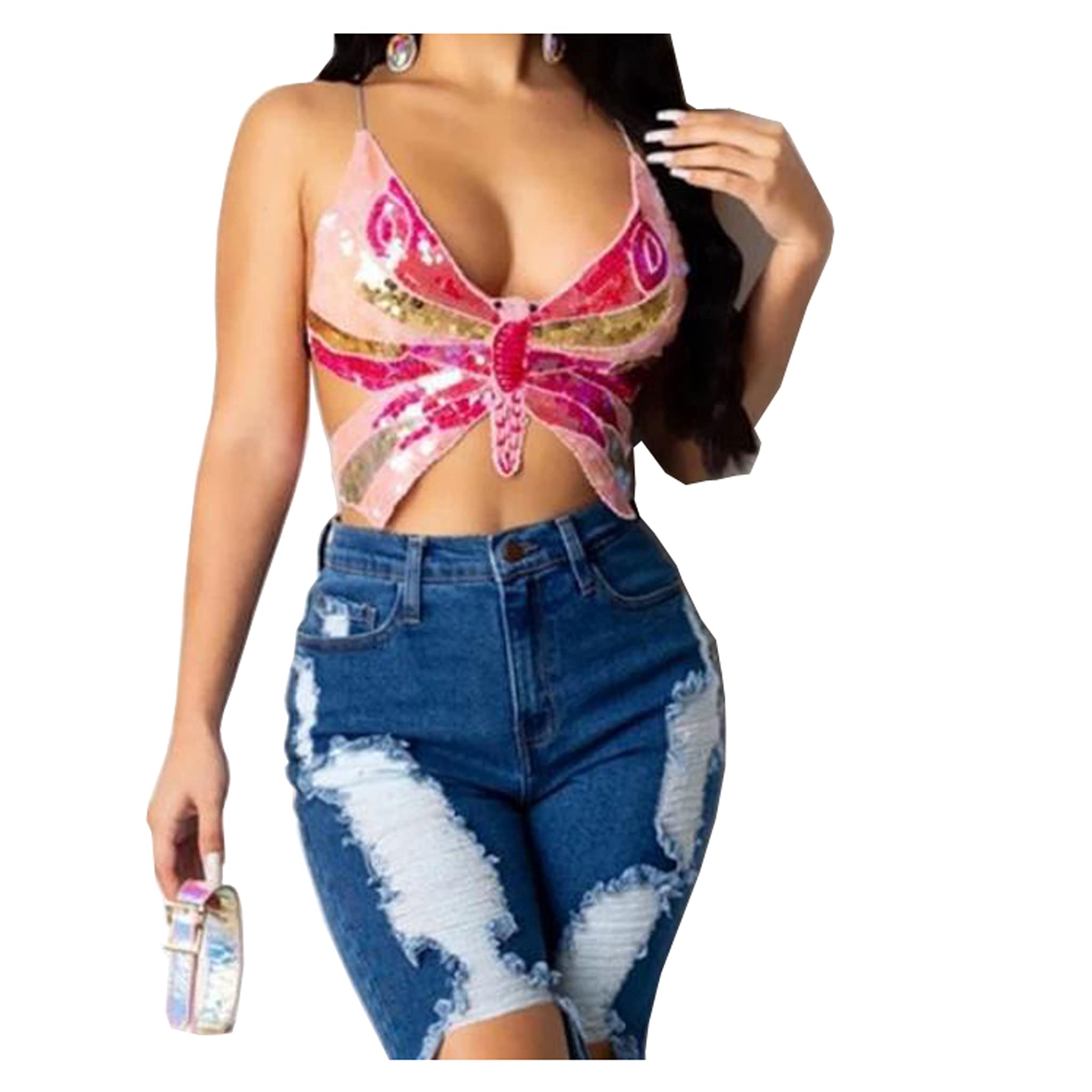Wuchieal Women's Belly Dance Top - Brilliant Butterfly Bra, Colorful Butterfly Design, Perfect for Belly Dance, Yoga, and Costume Parties