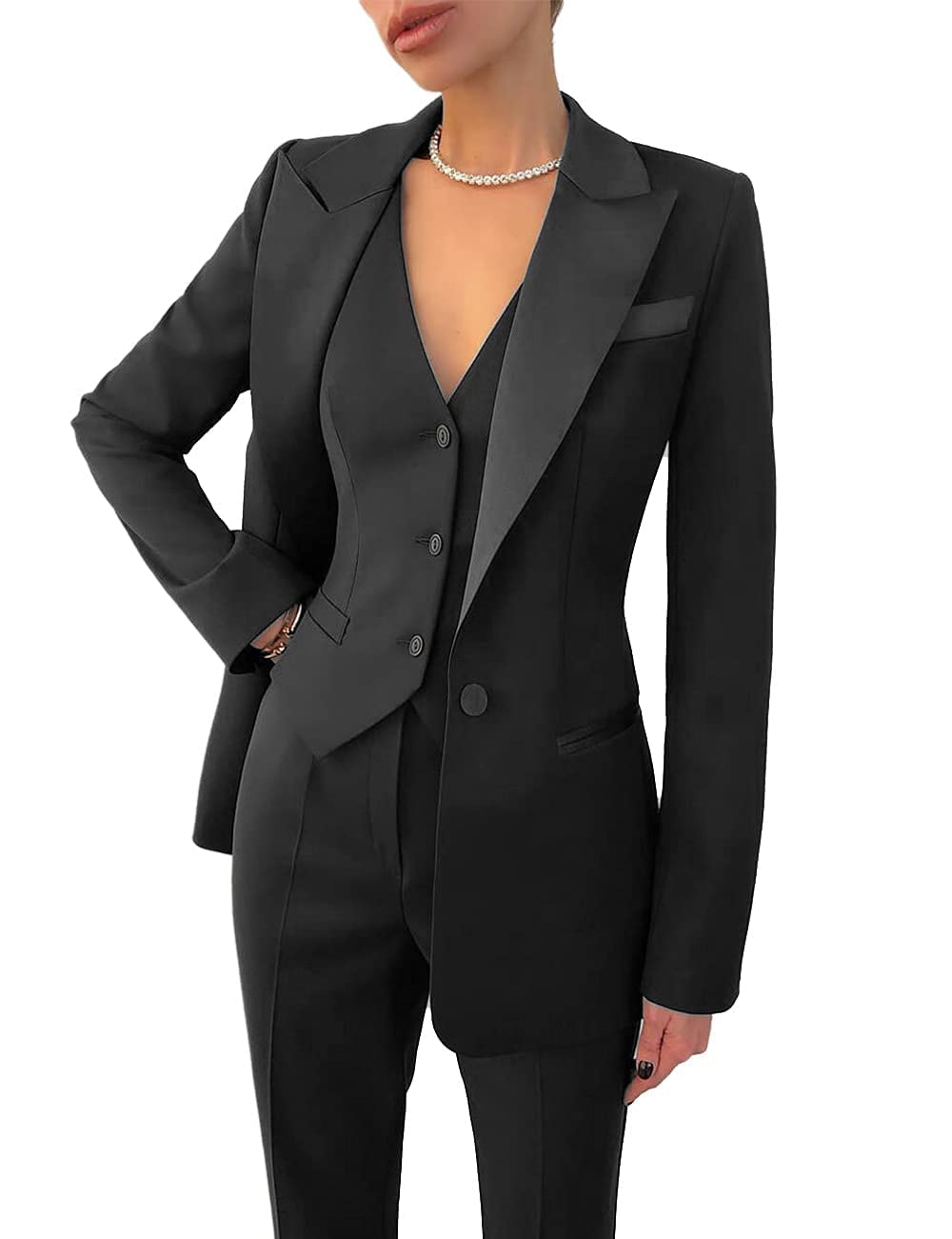 Women's 3-Piece Suit Set - Notch Lapel Single Breasted Vest & Slim Fit Blazer with Pants for Office & Business Attire | Professional Workwear for Women