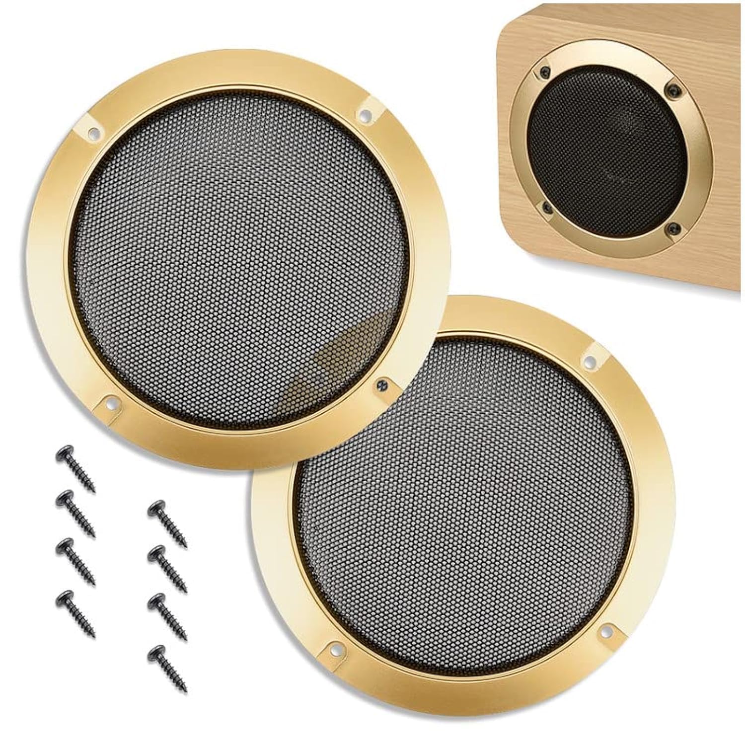 Kalevel 2 Pack 6.5 Inch Gold Metal Speaker Grill Covers for Car Subwoofer - Protective Mesh Grills with Mounting Screws | Perfect for Car Audio Systems, Home Theater Speakers & DIY Speaker Projects