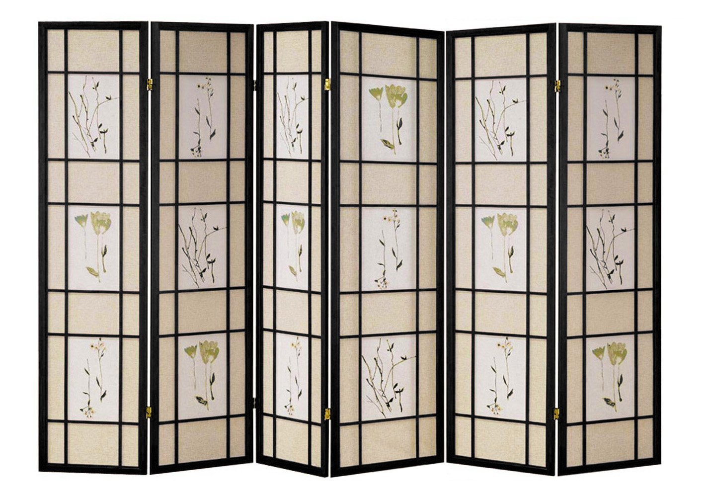 Hongville Black 6-Panel Shoji Floral Print Wood Frame Room Divider - Asian Style Folding Screen for Home Decor, Office Partition & Privacy Screen
