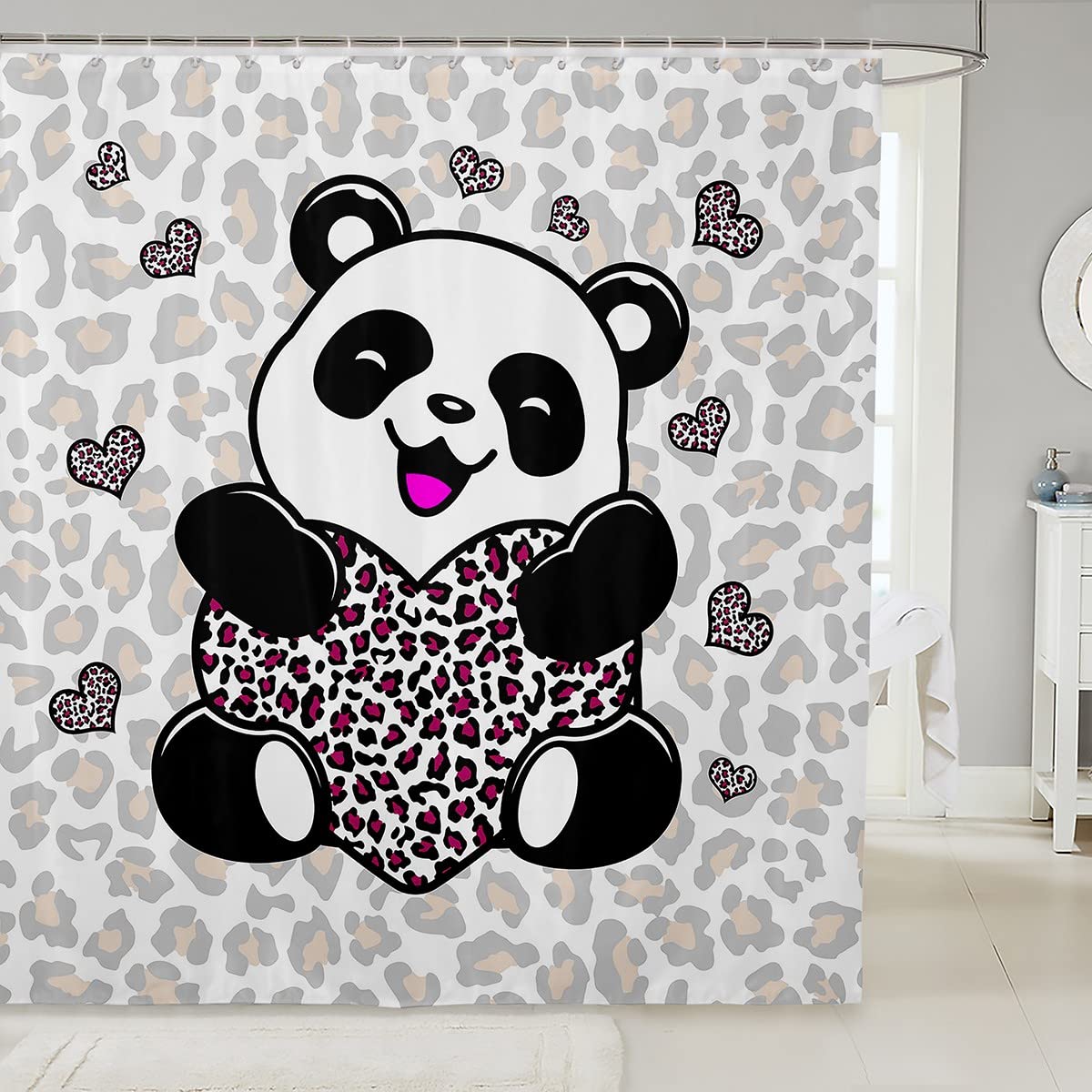 Leopard Print Shower Curtain with Panda Design - Bathroom Decor for Kids