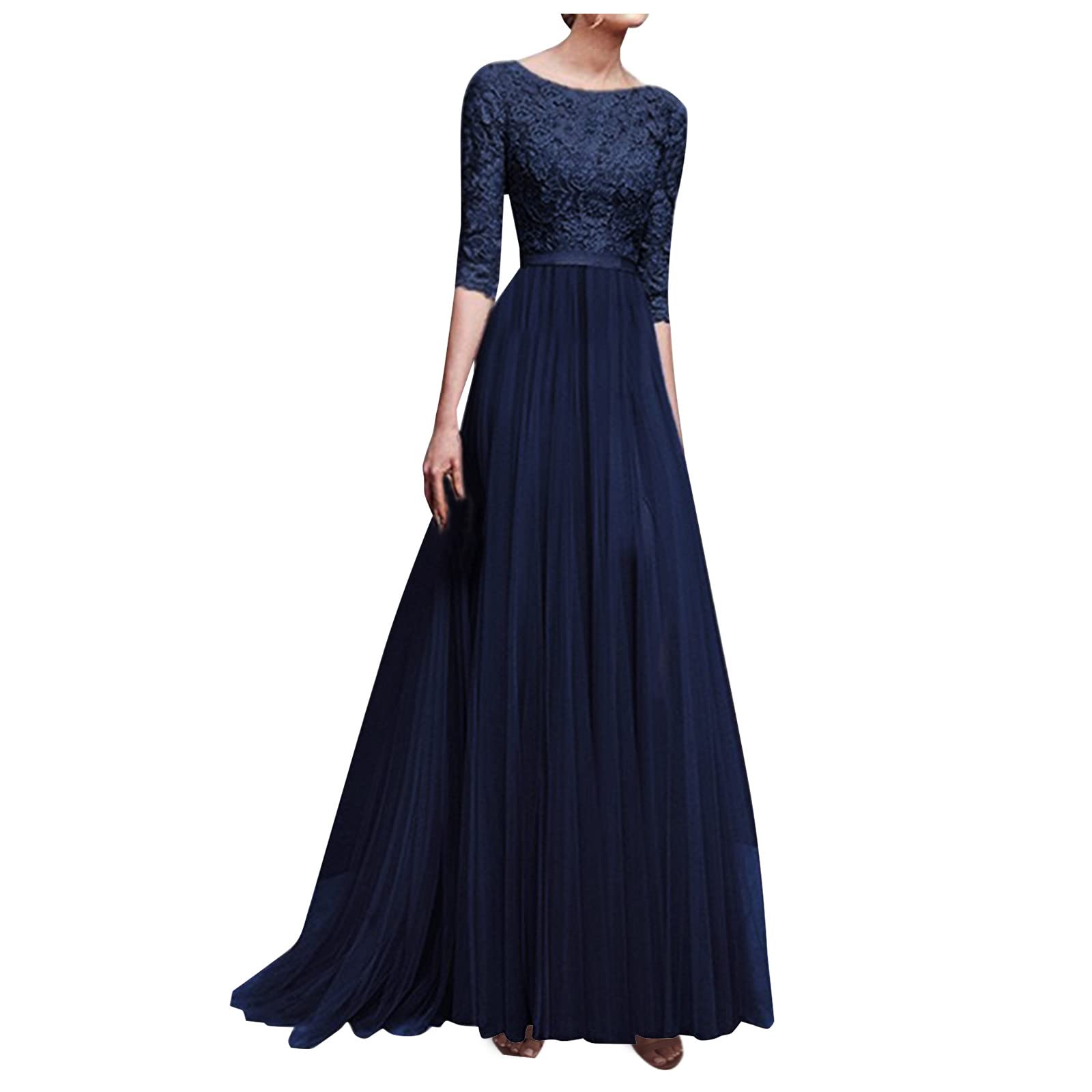 RIJJTRP Women's Chiffon Maxi Dress - Elegant Round Neck Mid-Sleeve Formal & Casual Long Skirt with Lined Splicing Design | Perfect for Office Wear, Wedding Guest Outfits, and Special Occasions