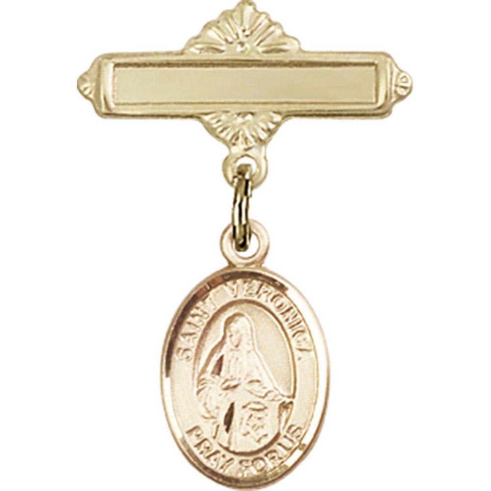 Gold Filled Baby Badge with St. Veronica Charm - 1 X 5/8 Inch Polished Pin for Christening, Baptism & First Communion Gifts - Religious Jewelry for Newborns & Infants