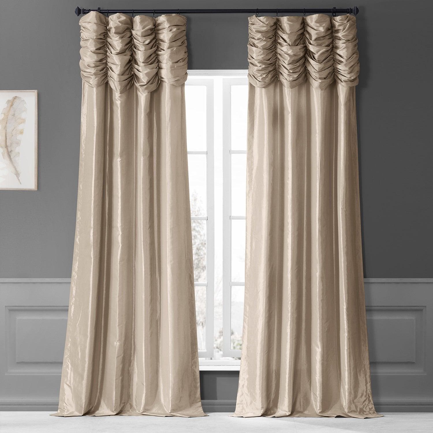 Antique Beige Ruched Faux Silk Taffeta Blackout Curtains for Bedroom & Living Room - Elegant Light Blocking Window Drapes for Home Decor