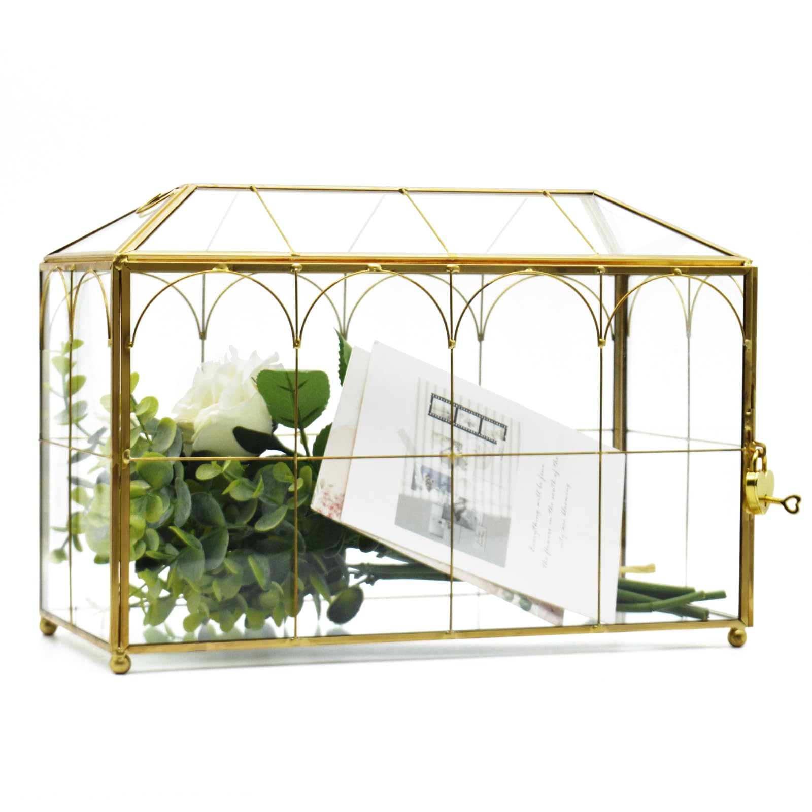 Large Gold and Glass Wedding Card Box with Lock & Key - Vintage Geometric Handmade Envelope Holder for Reception, Parties & Special Events | Perfect for Wedding Gifts, Cash, Checks & Greeting Cards