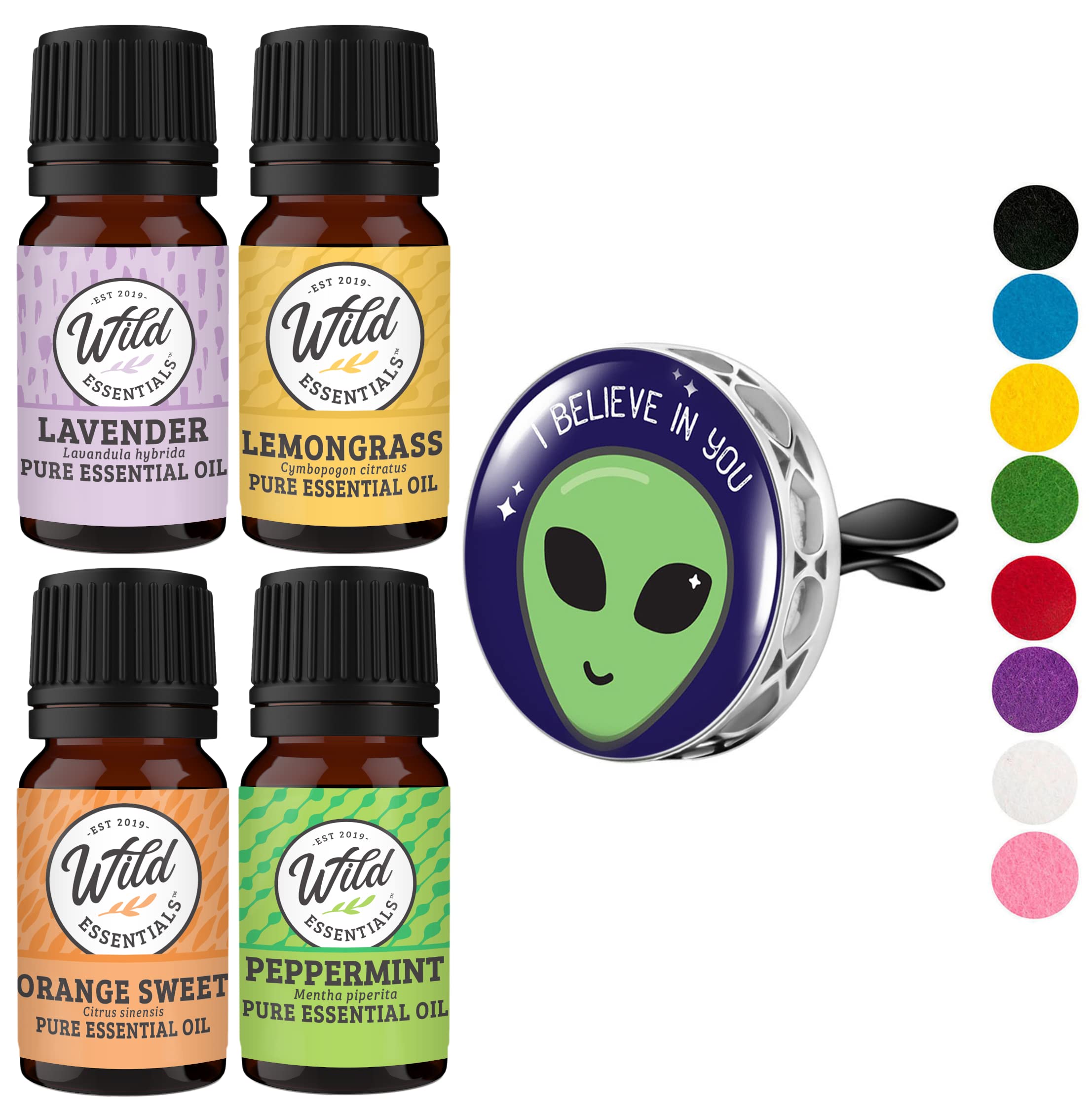 Wild Essentials I Believe In You Car Vent Essential Oil Diffuser Kit - Lavender, Lemongrass, Peppermint & Orange Oils with 8 Refill Pads | Calming Aromatherapy Gift Set for Stress Relief & Relaxation | Perfect for Home, Office & Car Use