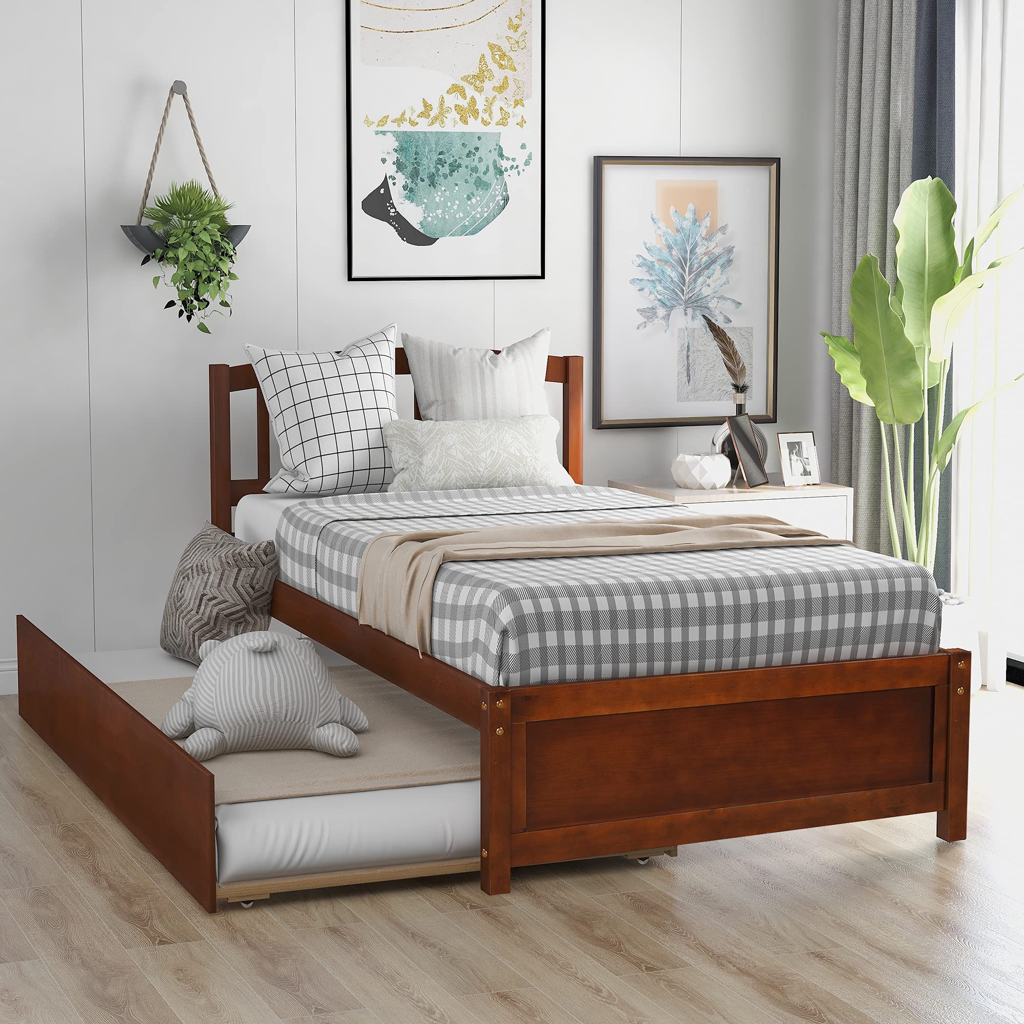 Solid Wood Twin Size Platform Bed with Trundle - Sturdy Wooden Bed Frame with Headboard for Kids & Teens - Space-Saving Design for Small Rooms - Walnut Finish - Perfect for Guest Rooms, Dormitories & Compact Living Spaces