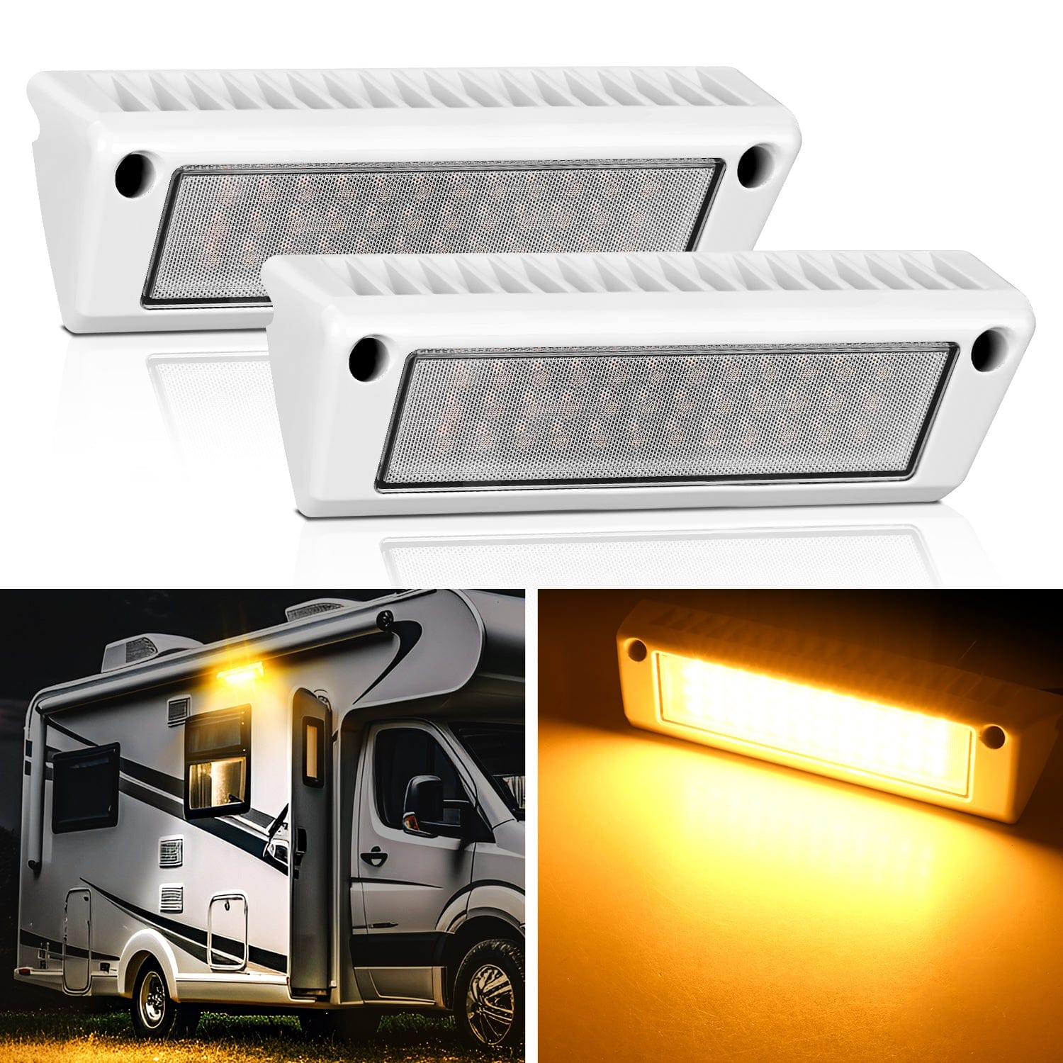 2PCS 9 Inch RV Porch Lights - Amber Beam White Aluminum Exterior Lighting for Motorhomes, Trailers & Campers - Perfect for Nighttime Safety & Outdoor Ambiance
