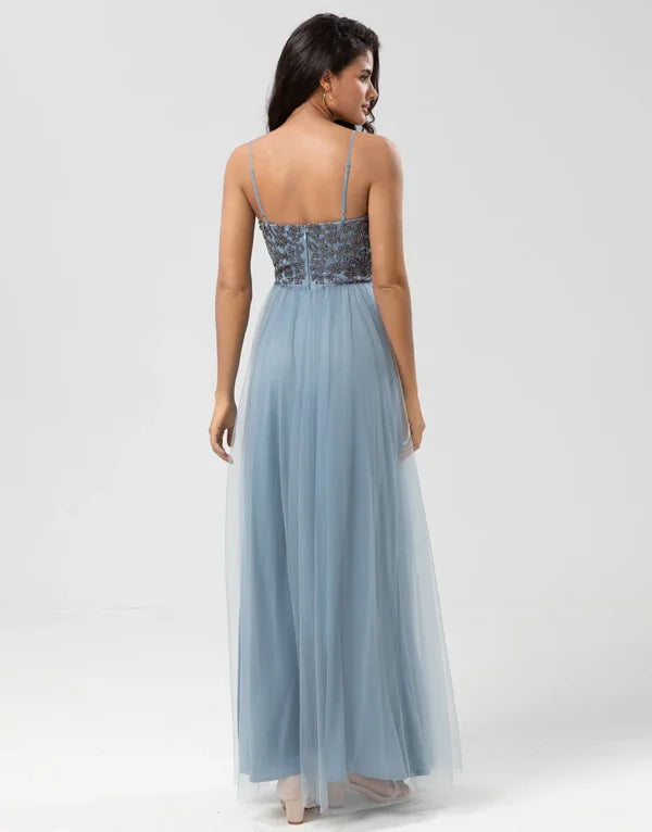 Elegant Dusty Blue A-Line Spaghetti Strap Beaded Bridesmaid Dress for Weddings & Formal Events