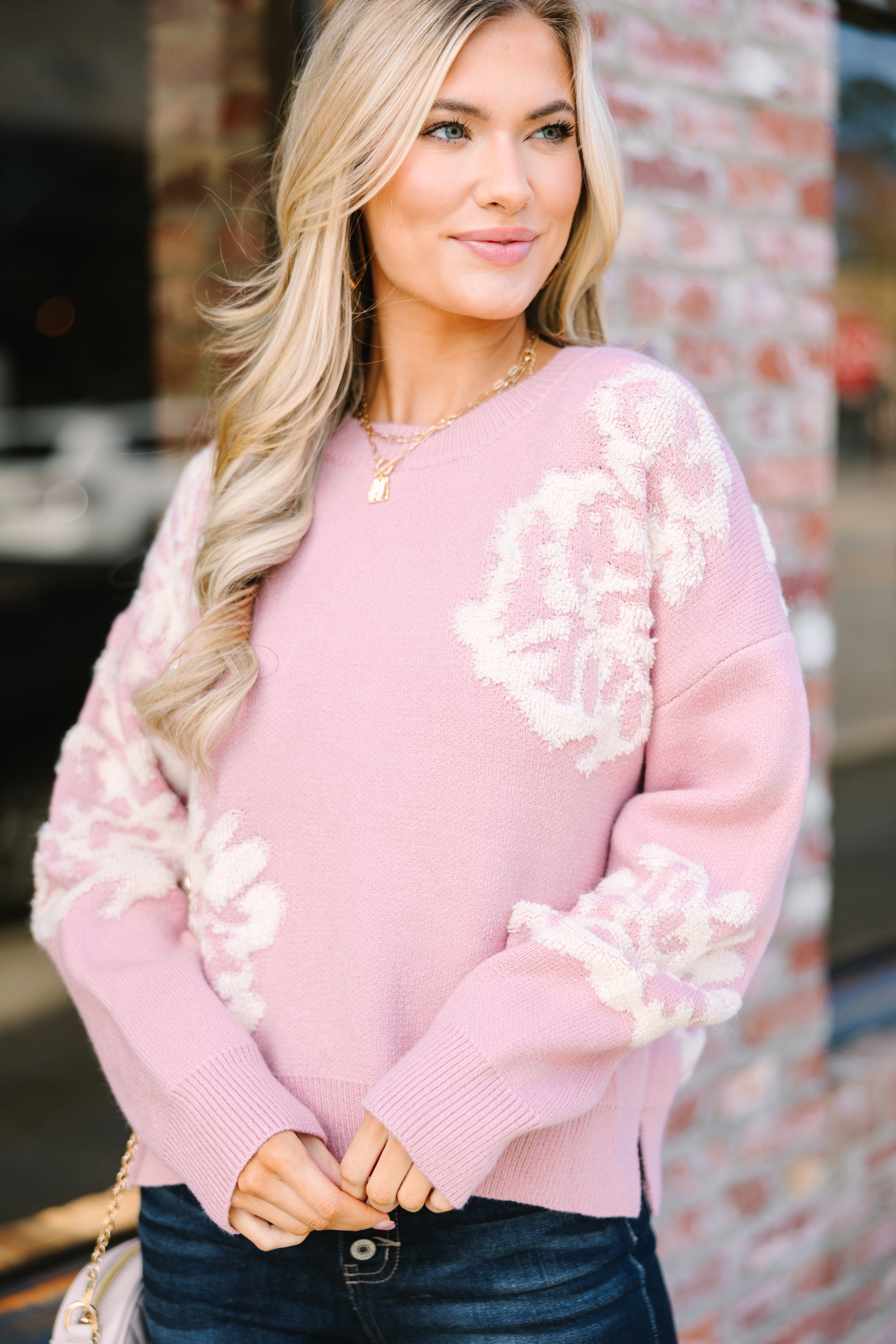 All This Love Pink Floral Sweater for Women - Soft Knit Pullover with Romantic Floral Pattern - Perfect for Date Night, Office Wear & Casual Outfits