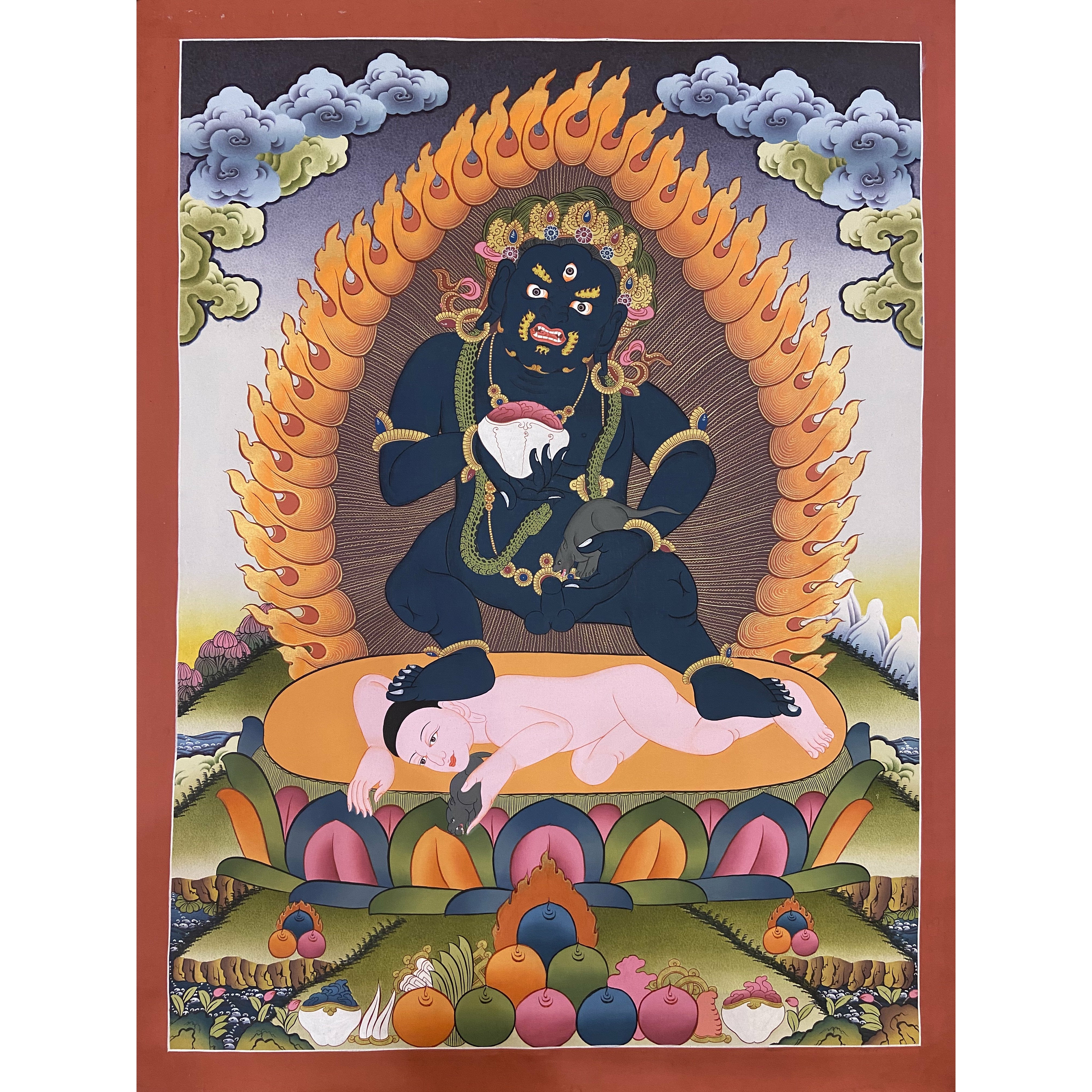 Authentic Black Jambala Masterpiece Thangka Painting - Tibetan Buddhist Wall Art for Home Decor & Meditation Space