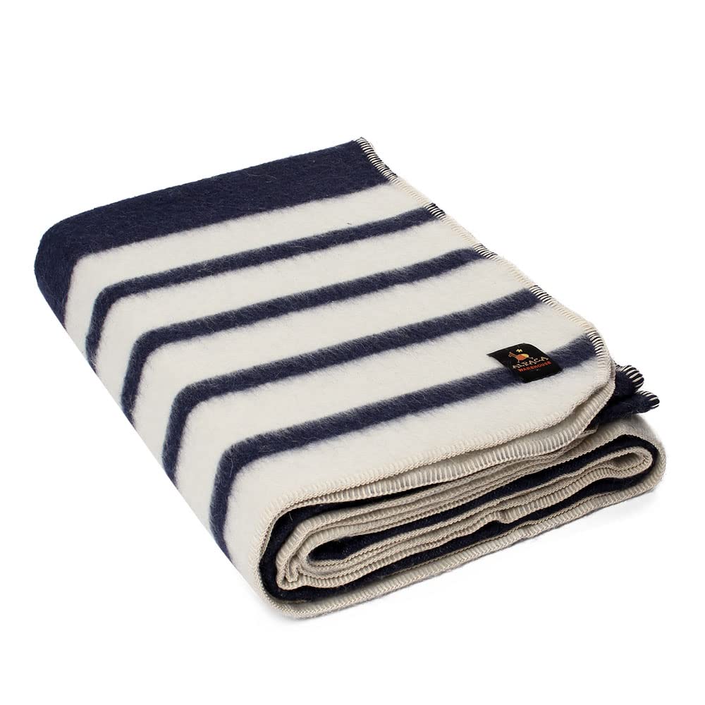 Premium Heavyweight Alpaca Wool Blanket for Camping & Home - Ultra Soft Peruvian Alpaca Throw - Navy Blue/Ivory Queen Size - Perfect for Outdoor Adventures & Cozy Indoor Nights