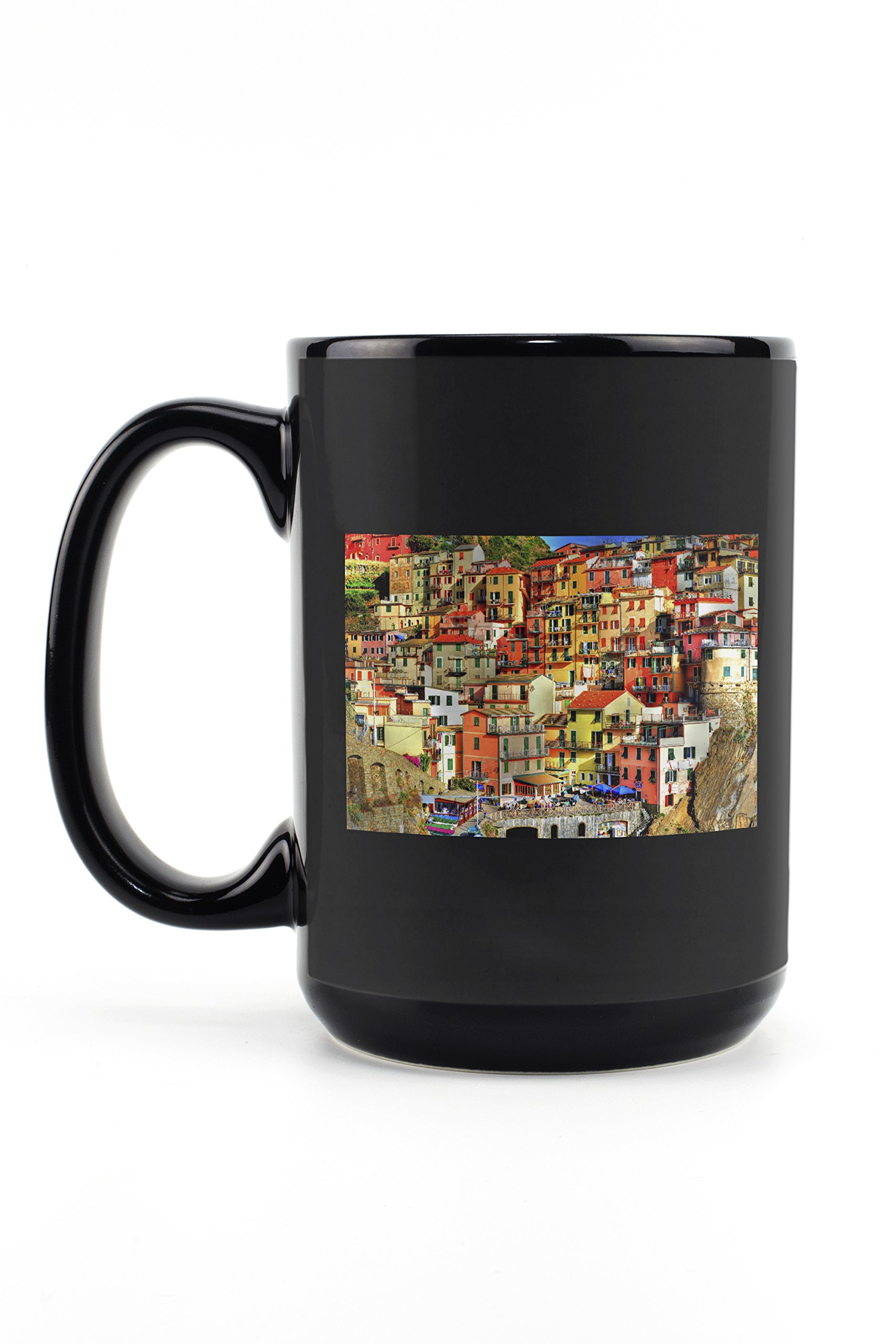Lantern Press Manarola Italy Colorful Houses 15oz Black Ceramic Coffee Mug - Microwave & Dishwasher Safe - Perfect for Home, Office & Gift Giving