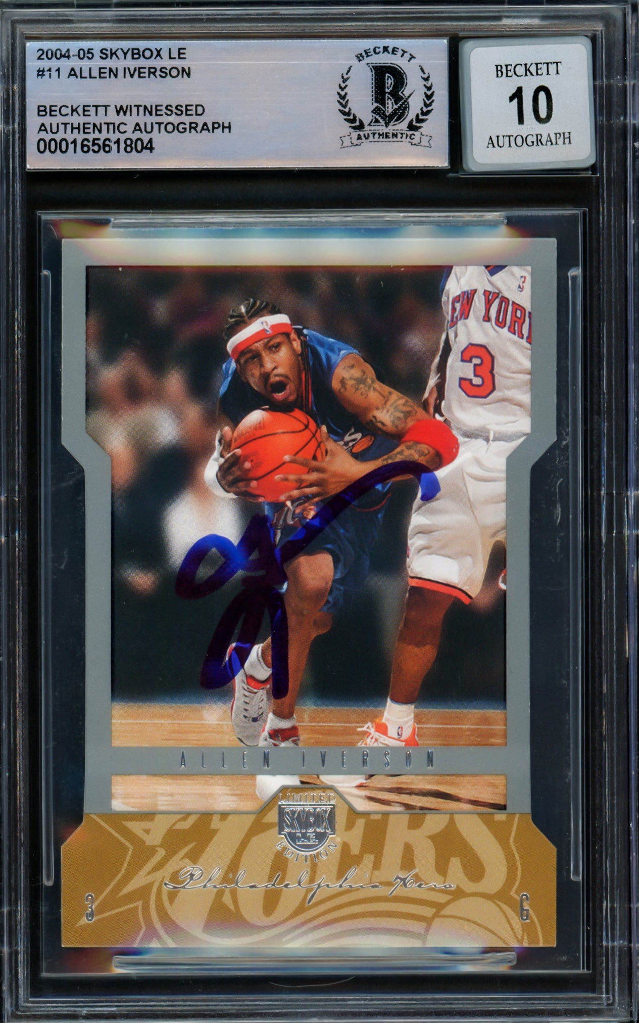 Allen Iverson Autographed 2004-05 Skybox LE #11 Philadelphia 76ers Basketball Card - Beckett BAS Gem Mint 10 Grade - Witnessed #16561804 - Perfect for NBA Memorabilia Collectors & 76ers Fans Display