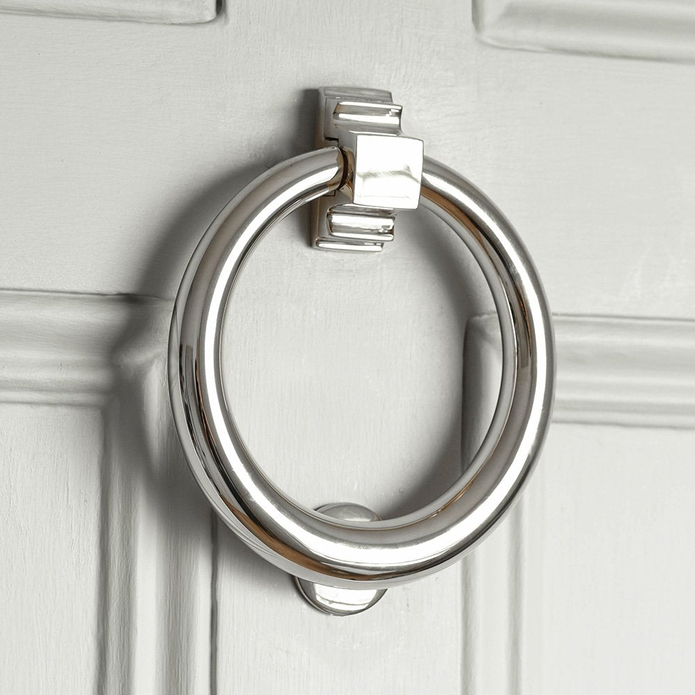 Polished Nickel Hoop Door Knocker - Large Antique Style Brass Door Knocker for Front Entryway - Elegant Home Decor for Traditional Houses & Victorian Style Homes