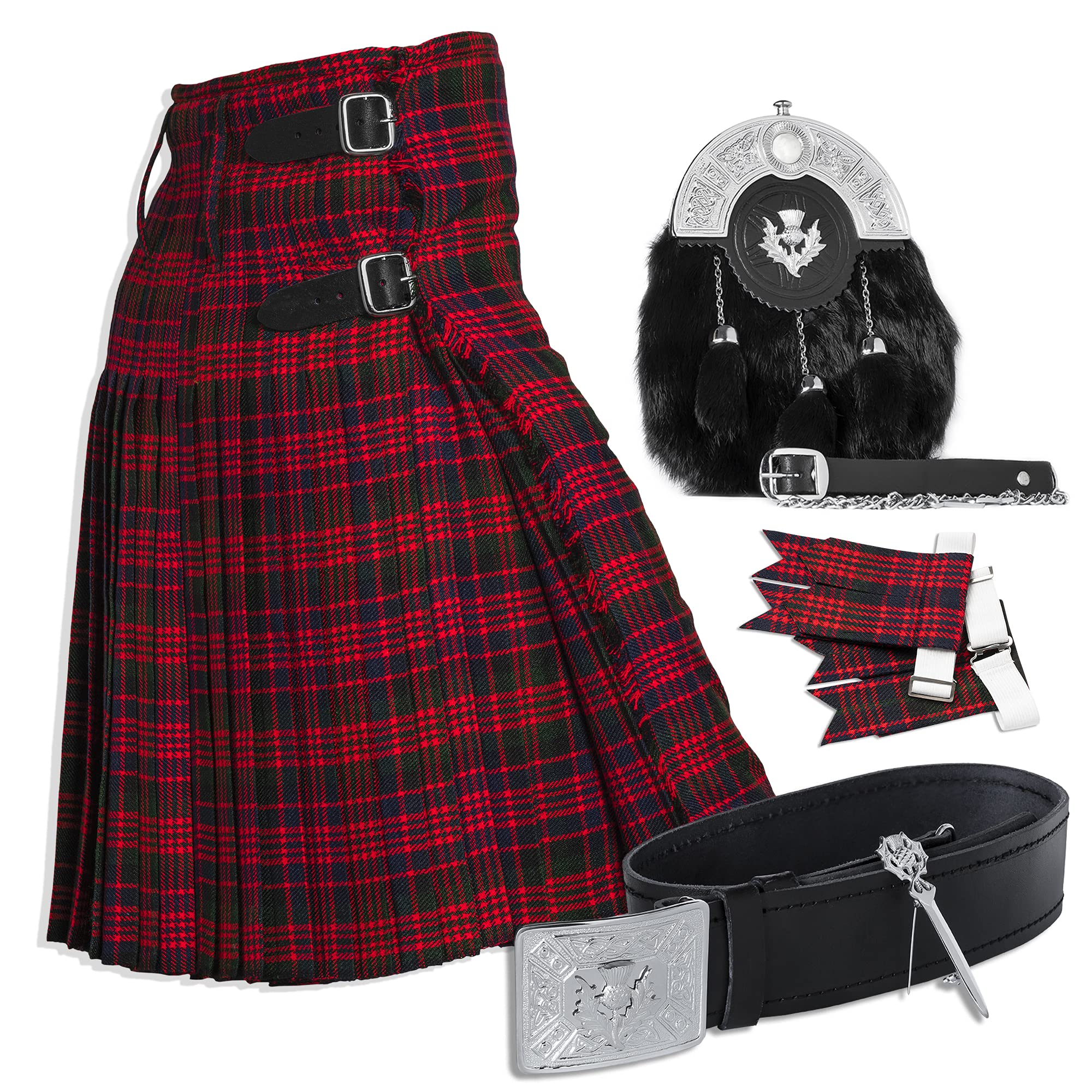 Men's Utility Kilt with 6-Piece Irish Kilt Accessories Set - Traditional Scottish Kilt for Casual Wear, Renaissance Fairs & Celtic Events