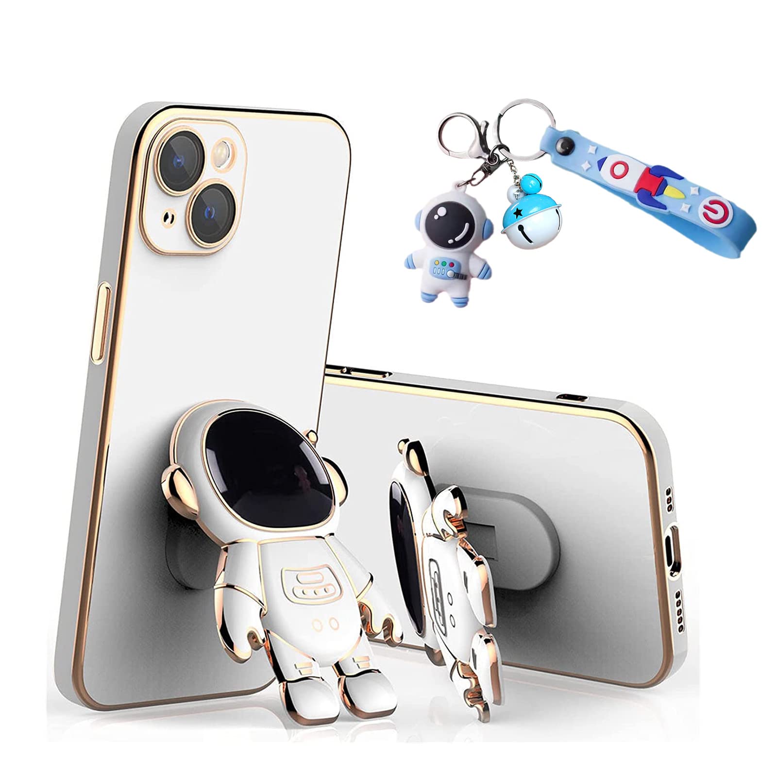 Astronaut Folding Stand iPhone Case - 6D Plating with Lens Protector, Hidden Kickstand Phone Cover for iPhone 14/13/12/11 Pro Max - Includes Cartoon Astronaut Keychain | Perfect for Watching Videos, Gaming & Hands-Free Calling