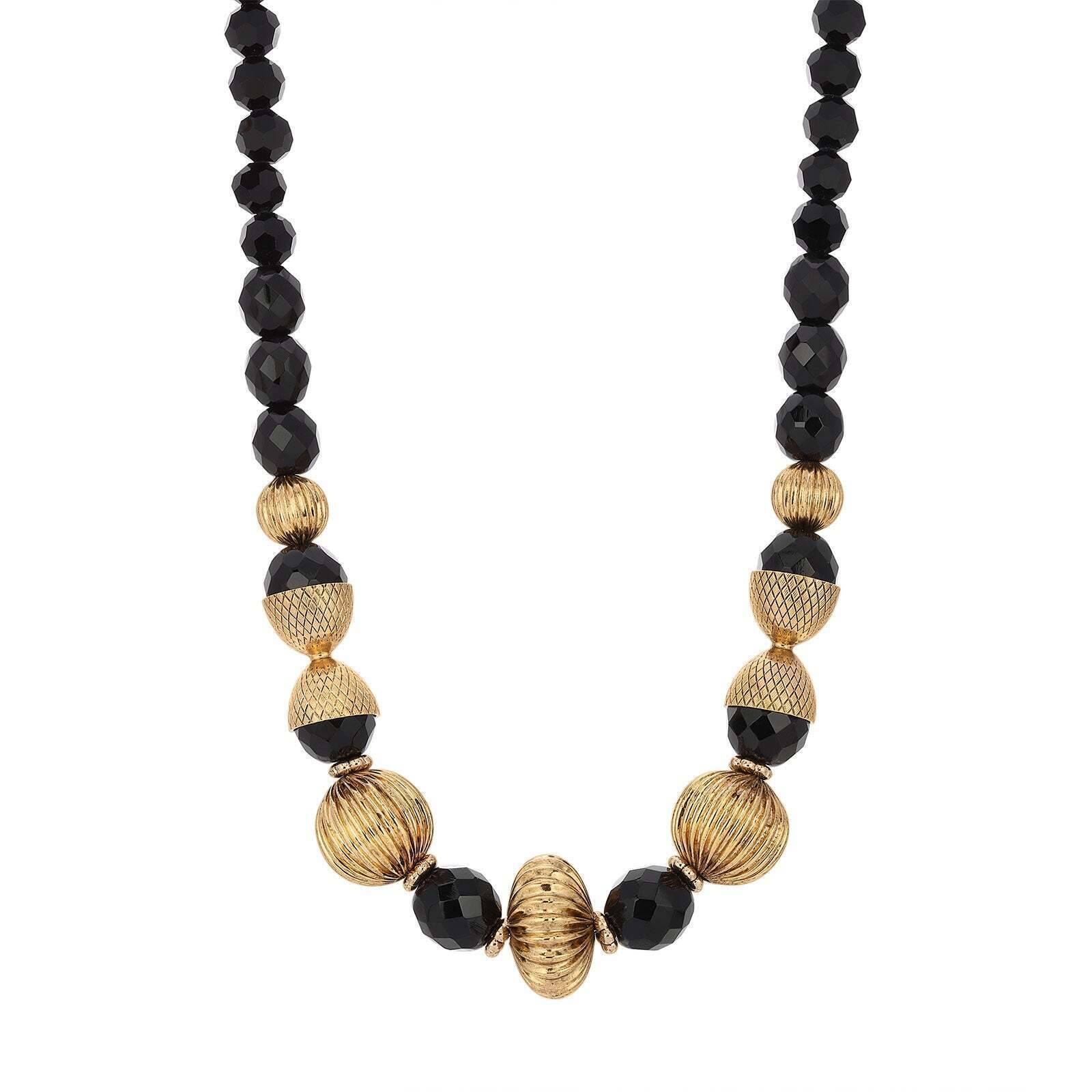 1928 Jewelry Black Fire Polished Corrugated Bead Necklace - 15