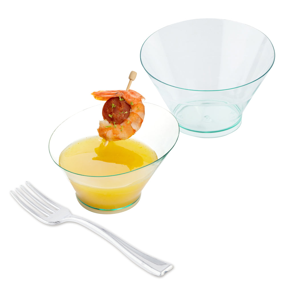 100-Pack 5 oz Seagreen Plastic Small Incline Bowls with 100 Silver Mini Forks - Perfect for Party Appetizers, Picnics, and Catering Events