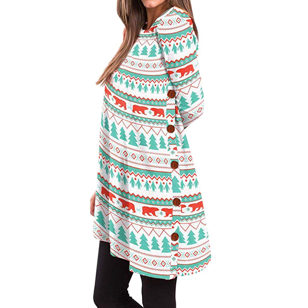 Women's Christmas Long Sleeve Scoop Neck Button Side Tunic Dress - Loose Hem Blouse for Holiday Parties, Family Gatherings & Festive Outfits