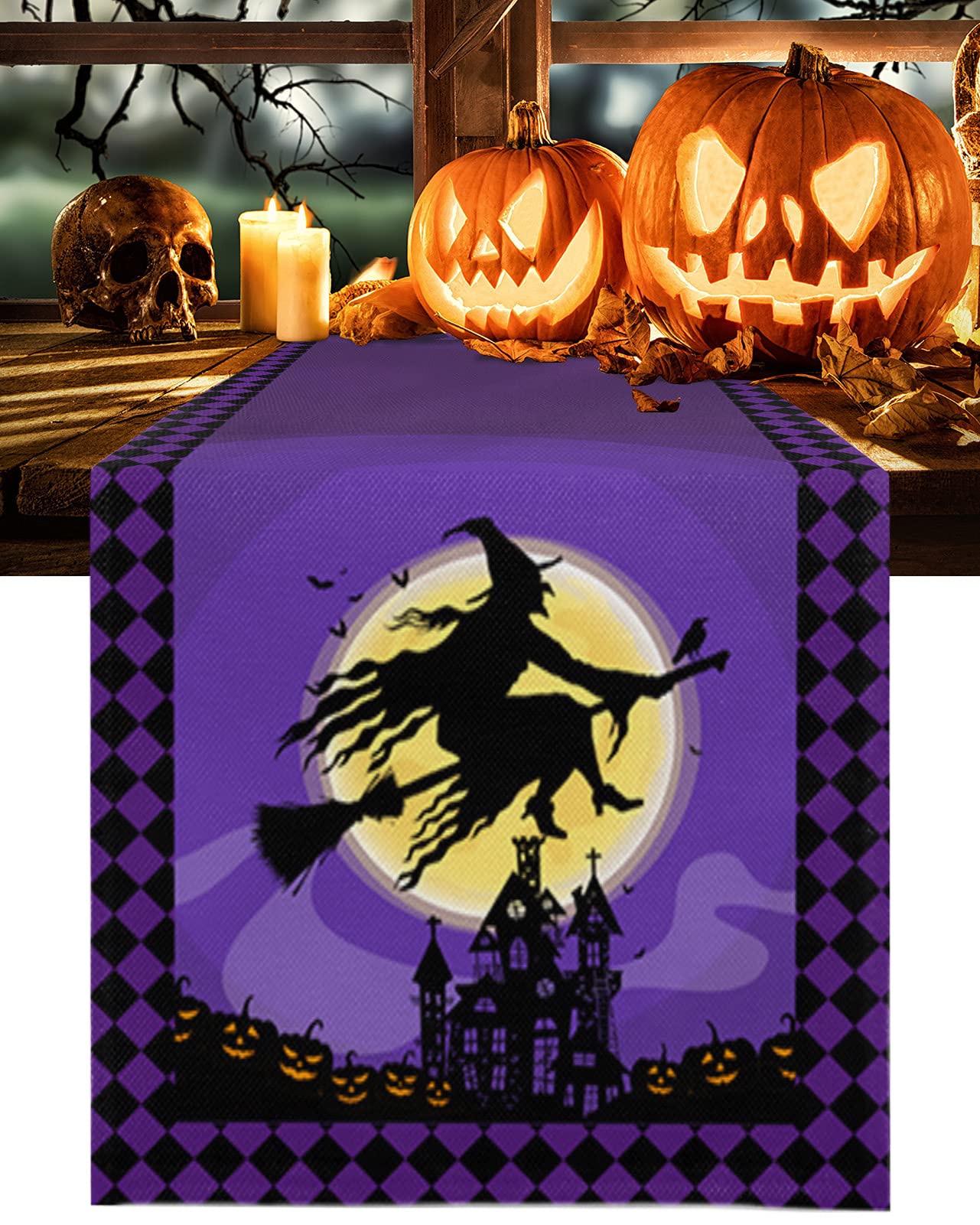 36 Inch Halloween Table Runner - Witches Haunted House Design for Parties, Ceremonies & Banquets | 13x36 Inch Purple Black Moon Night Decor | Perfect for Indoor/Outdoor Dining Tables, Buffets & Dressers