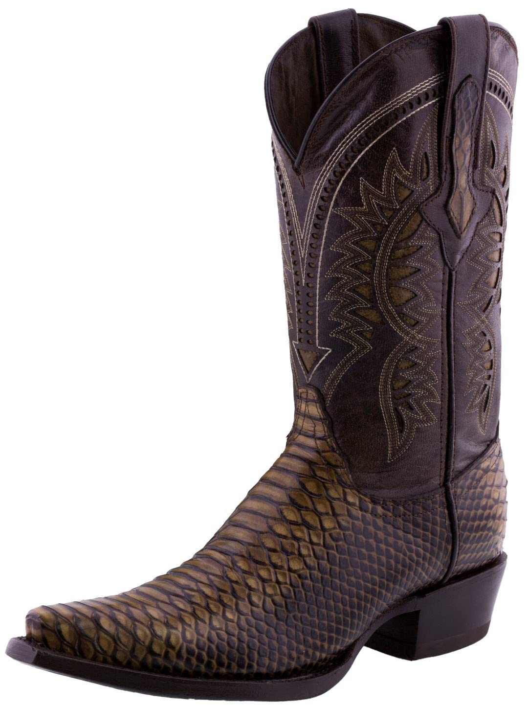 Men's Rustic Sand Western Leather Cowboy Boots - Snake Print Snip Toe for Country Dancing, Rodeo & Western Fashion