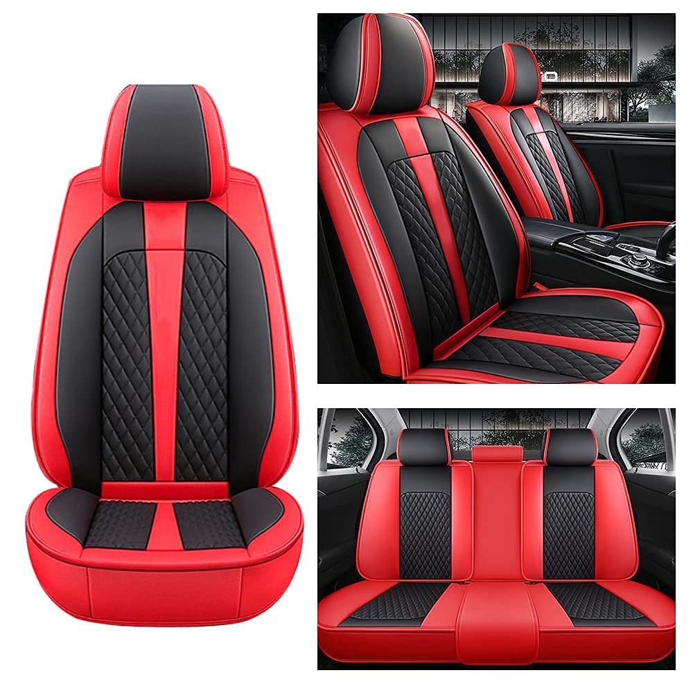 Premium PU Leather Universal Car Seat Covers Full Set (5 Seats) - Compatible with Dodge Avenger, Caravan, Charger, Challenger & Dart - Black & Red Design - Durable Seat Protection for Comfort & Style - Perfect for Road Trips, Daily Commutes & Family Travel