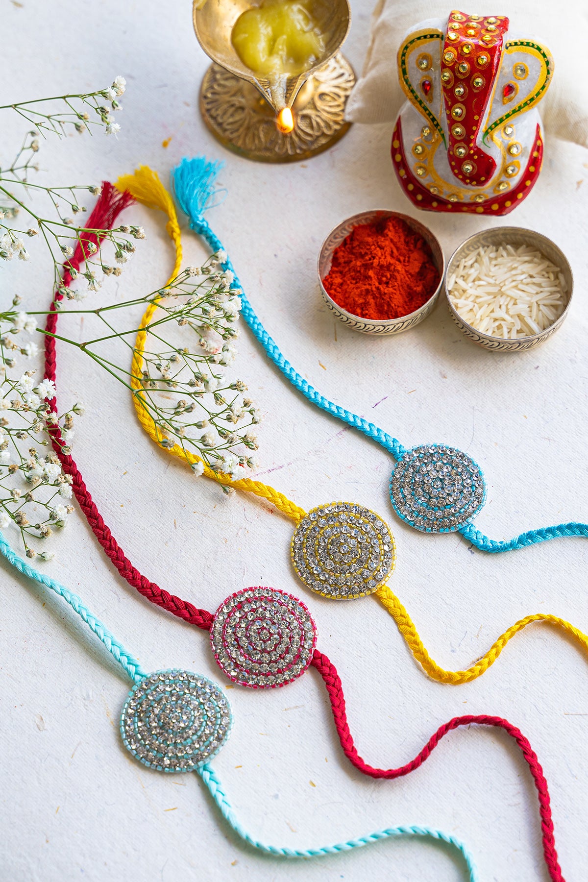 Diamond Wheels Embroidered Rakhi Set of 4 - Traditional Indian Bracelet for Raksha Bandhan, Brother Sister Gift, Festival Celebration