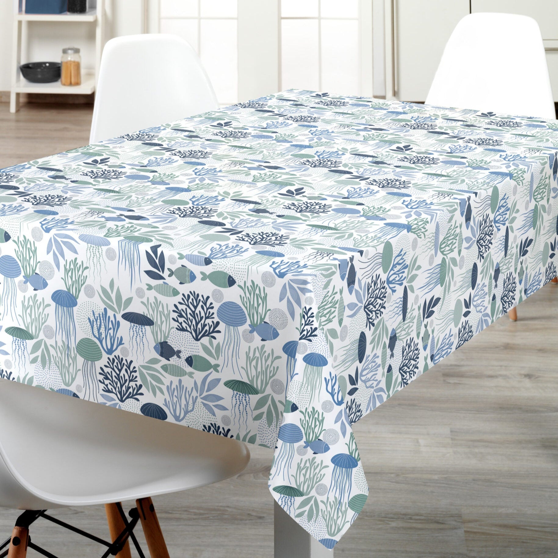 Premium Fish & Coral Pattern Vinyl Oilcloth - Waterproof, Durable Table Cover for Kitchen, Dining, Outdoor Picnics & DIY Crafts