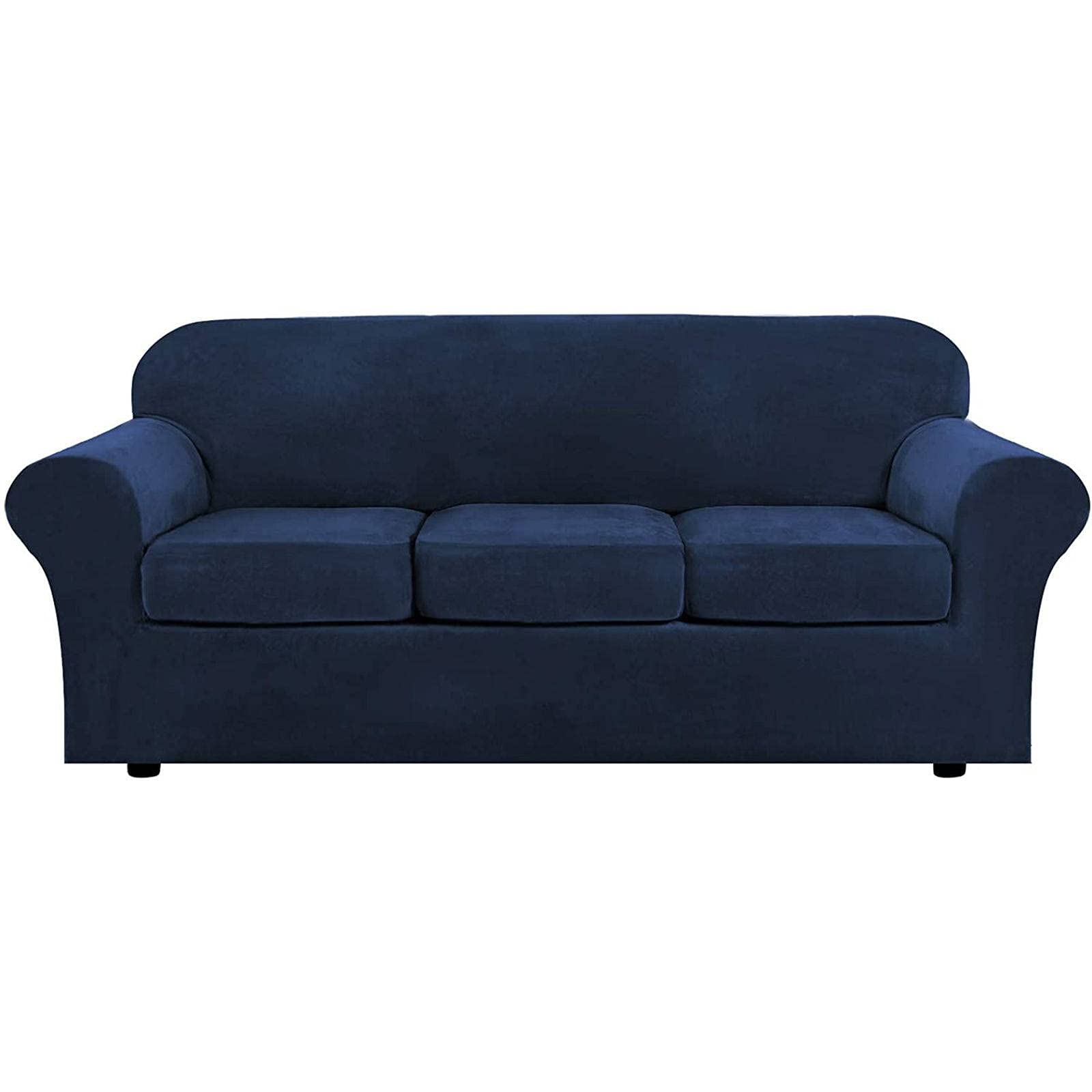 JHLD 4-Piece Stretch Velvet Sofa Cover - Soft Anti-Slip Washable Couch Protector for 3-Cushion Furniture, Pet-Friendly (Navy, Large) - Perfect for Living Room, Family Room & Pet Owners