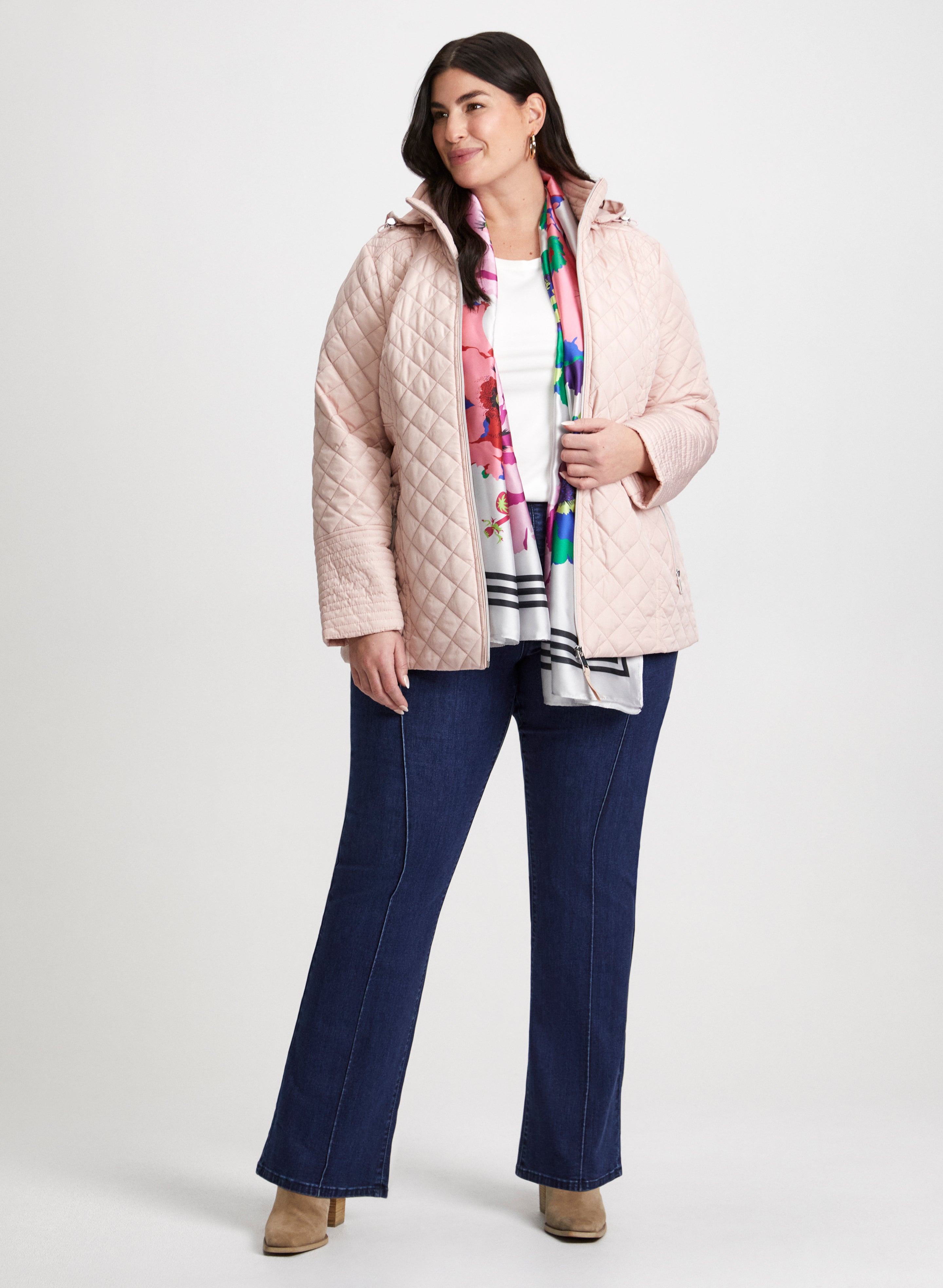 Luxury Diamond Quilted Coat & Stretchy Bootcut Jeans for Women - Winter Fashion Outfit for Casual Wear, Date Night & Office Style