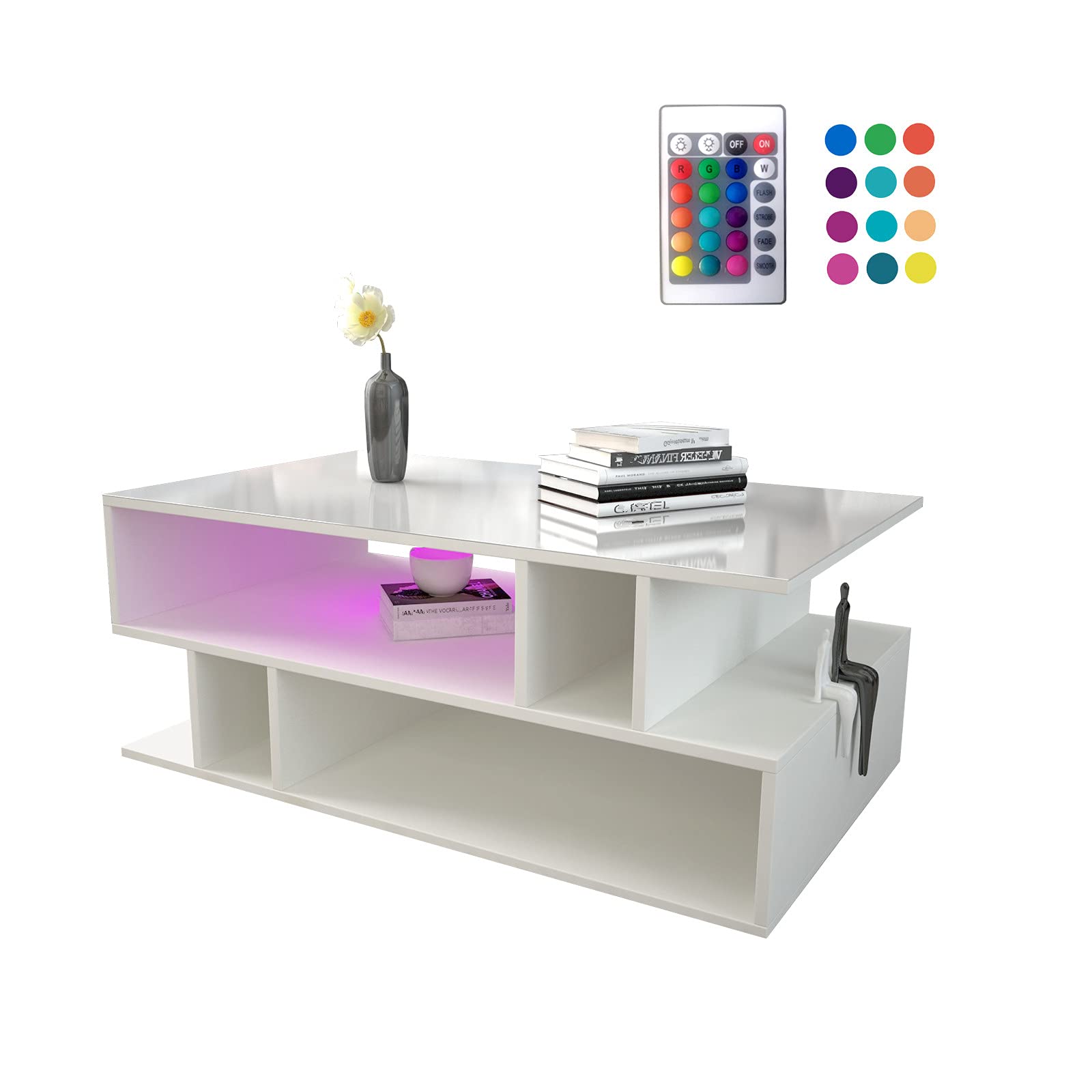Modern Glossy White LED Coffee Table with Remote Control - Contemporary Rectangle Living Room Furniture - Fast 3-5 Day Delivery - Perfect for Small Spaces, Apartments & Modern Home Decor (White)