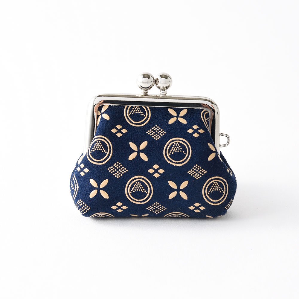 Japanese Deerskin Leather Coin Purse with Urushi Lacquer Clasp - Mt. Fuji Iron Blue Pattern | Handmade in Japan | Traditional Gamaguchi Change Purse for Travel, Gift & Everyday Use