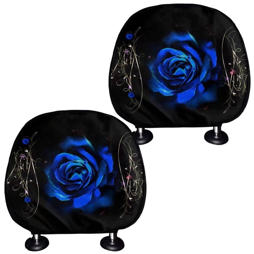 Bulopur 2-Pack Blue Rose Printed Car Seat Headrest Covers - Universal Fit for SUV, Truck, Van & Sedan - No-Slip Durable Protective Cushion Accessories (Perfect for Road Trips & Daily Commute)