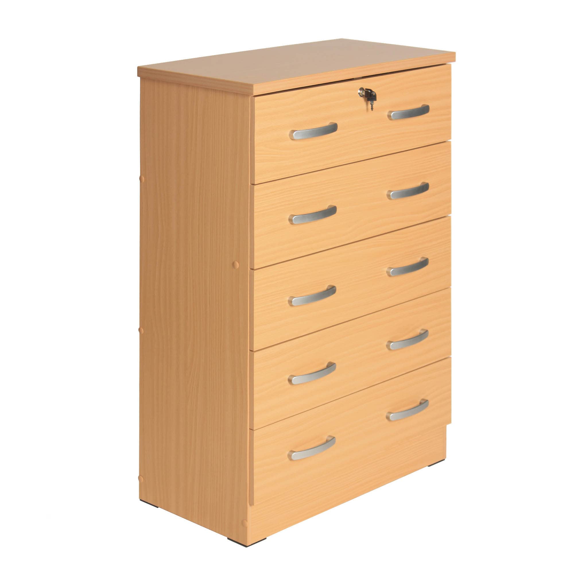 Better Home Products Cindy 5-Drawer Wooden Dresser with Lock - Solid Beech/Maple Finish - Perfect for Bedroom Storage, Nursery Organization & Home Decor