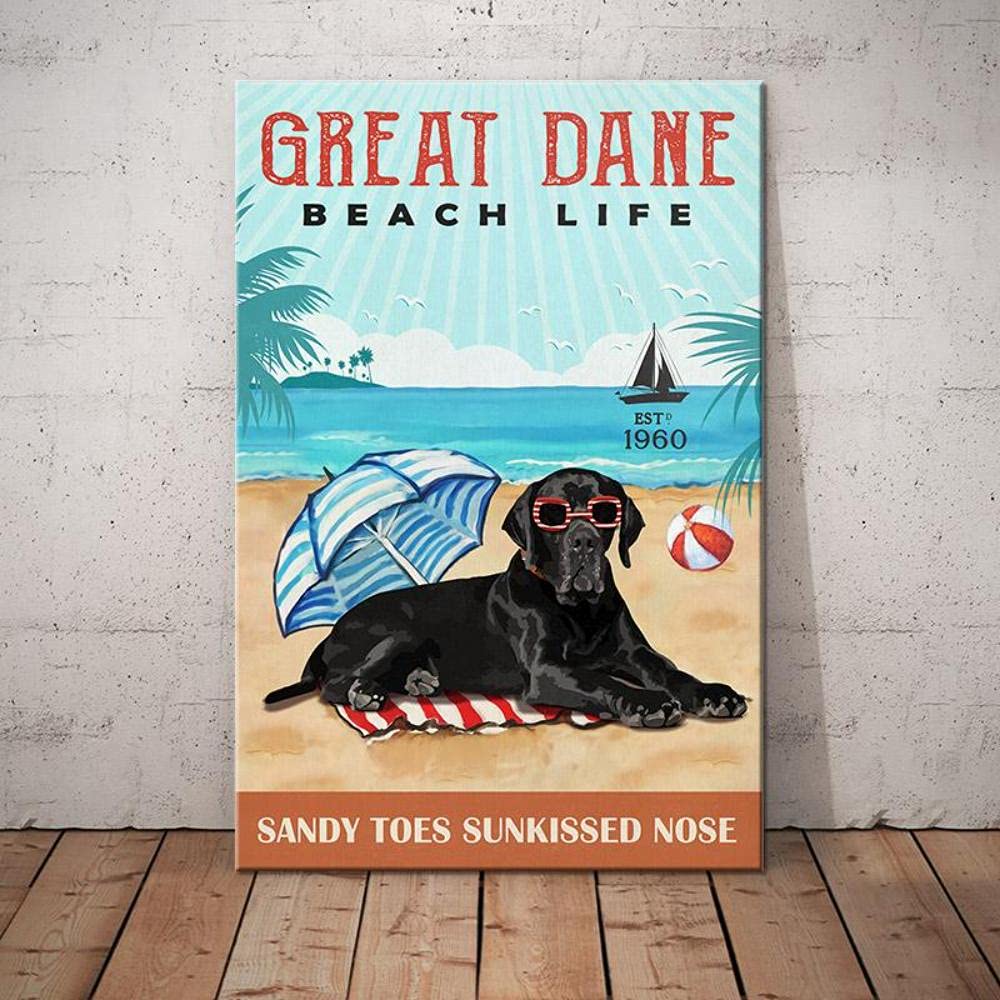 Great Dane Dog Beach Life Canvas Art - Coastal Themed Wall Decor for Living Room & Bedroom - Perfect for Pet Lovers & Beach House Decor
