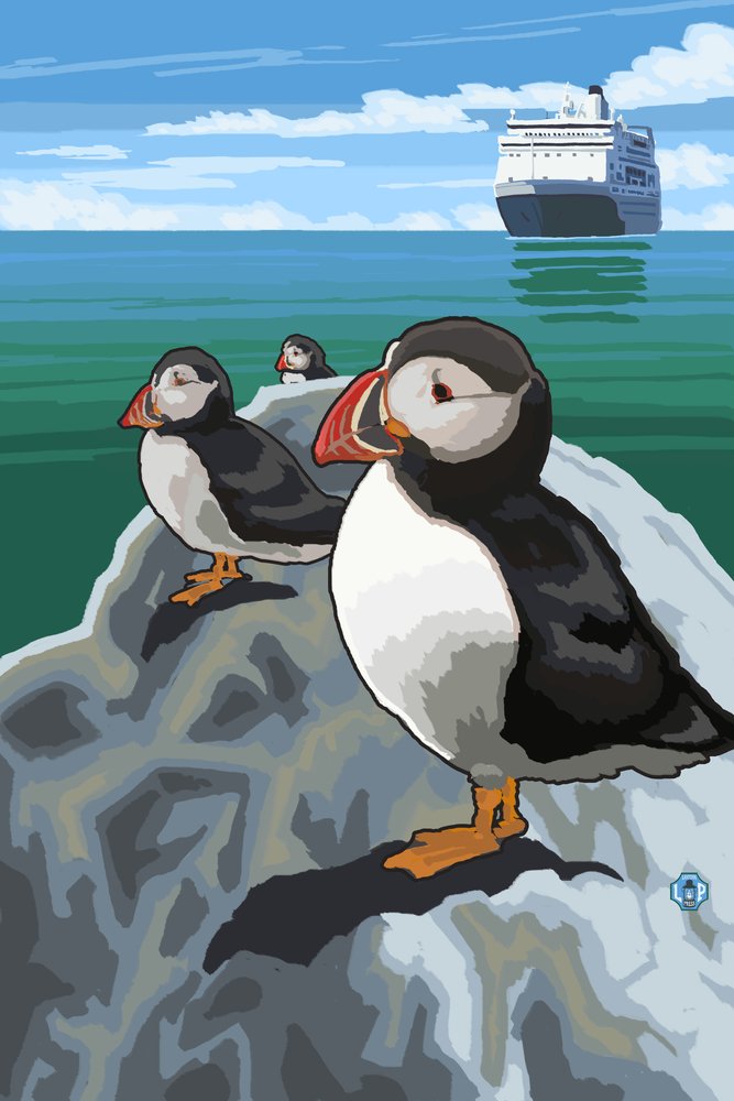 Puffin and Cruise Ship Pacific Ocean Wall Art - 24x36 Gallery Quality Metal Print, Aluminum Decor for Living Room, Office & Coastal Home Decor