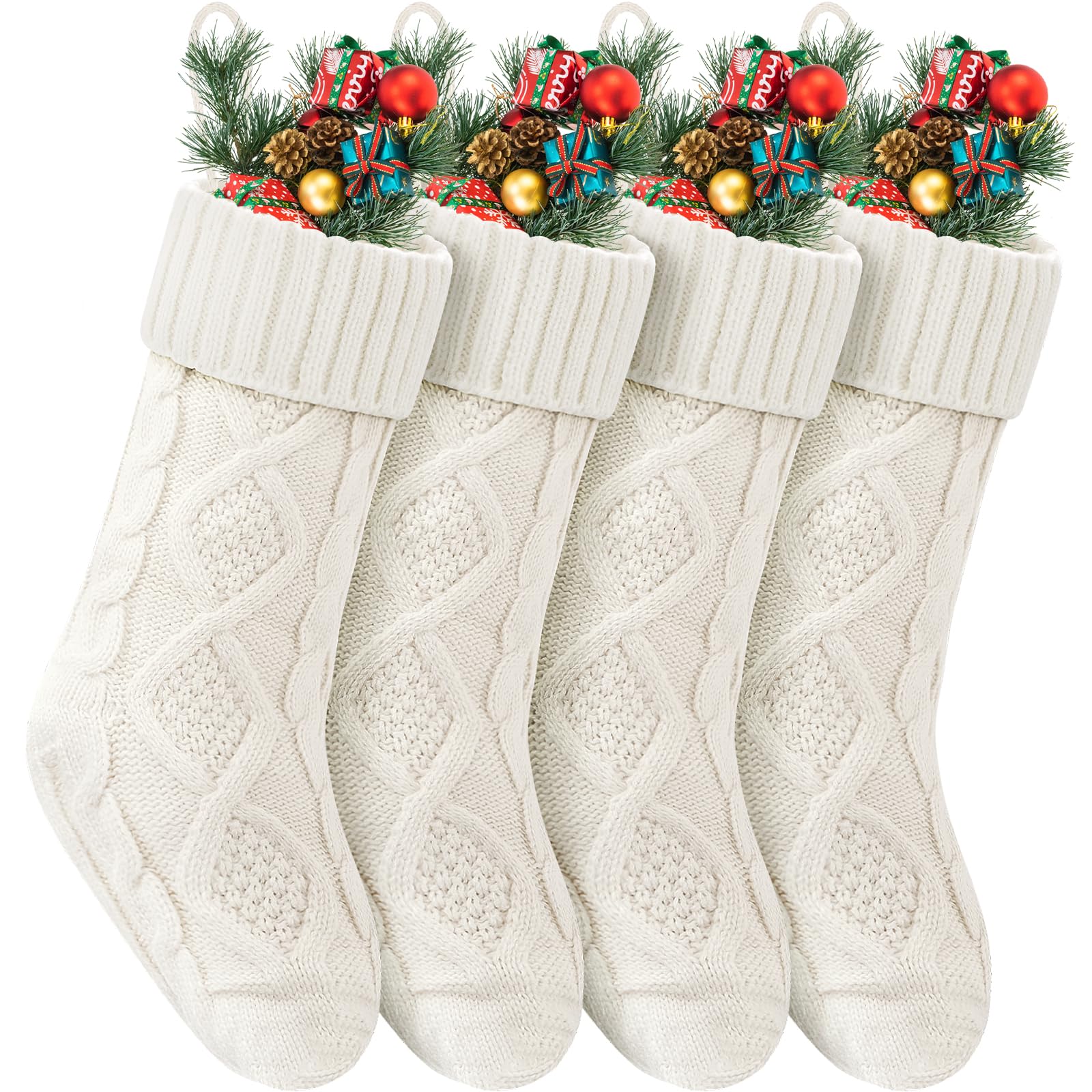 VIBILIA Christmas Stockings 4 Pack - 18 Inch Large Knitted Xmas Stockings for Fireplace Decor, Holiday Party, Gift Exchange & Festive Home Decor (White)