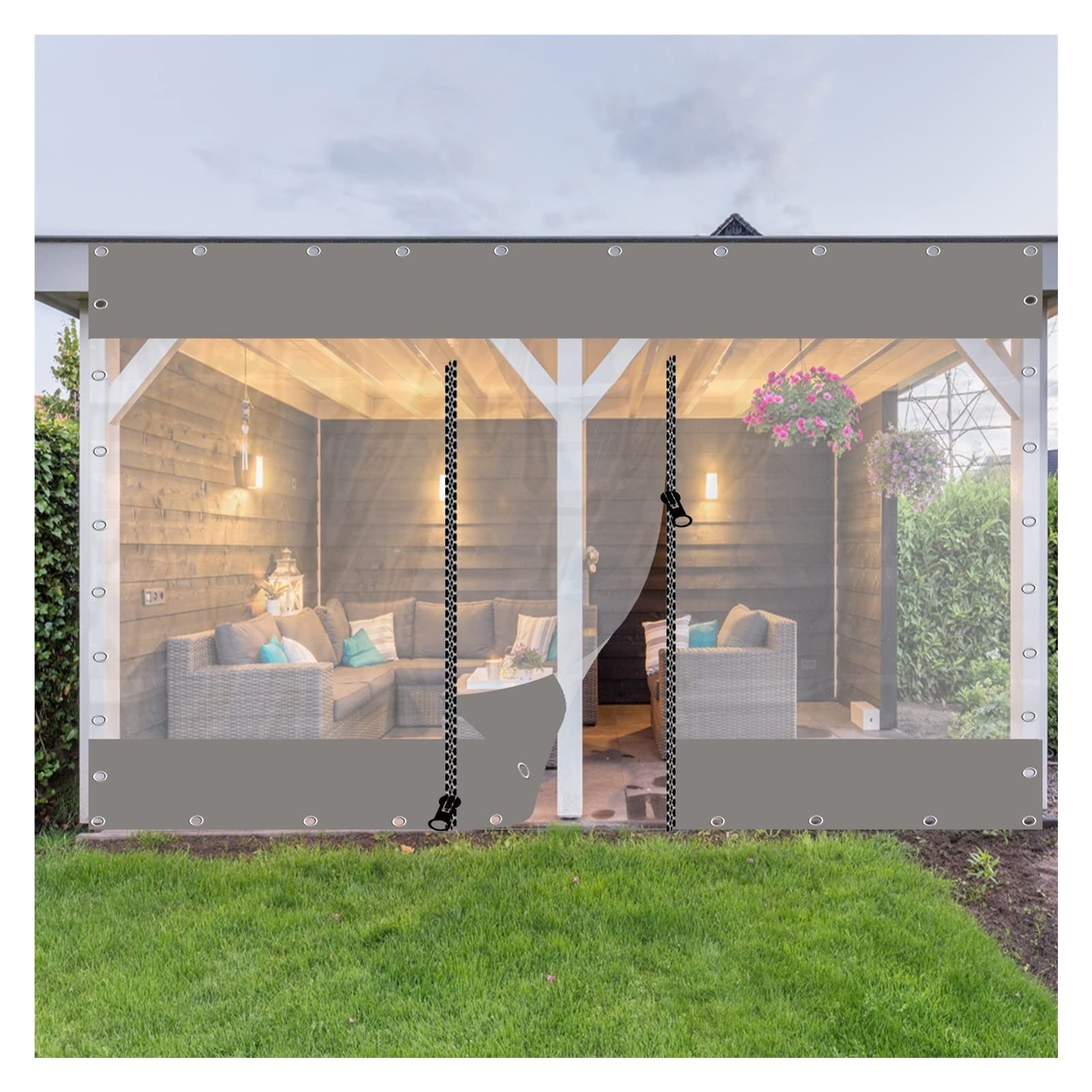 Waterproof Outdoor Curtain Panels - Foldable Tarpaulin with Zipper - Clear Patio Curtains for Porch, Gazebo & Pergola - Customizable Gray 2x3m - Perfect for Rain Protection & Outdoor Privacy