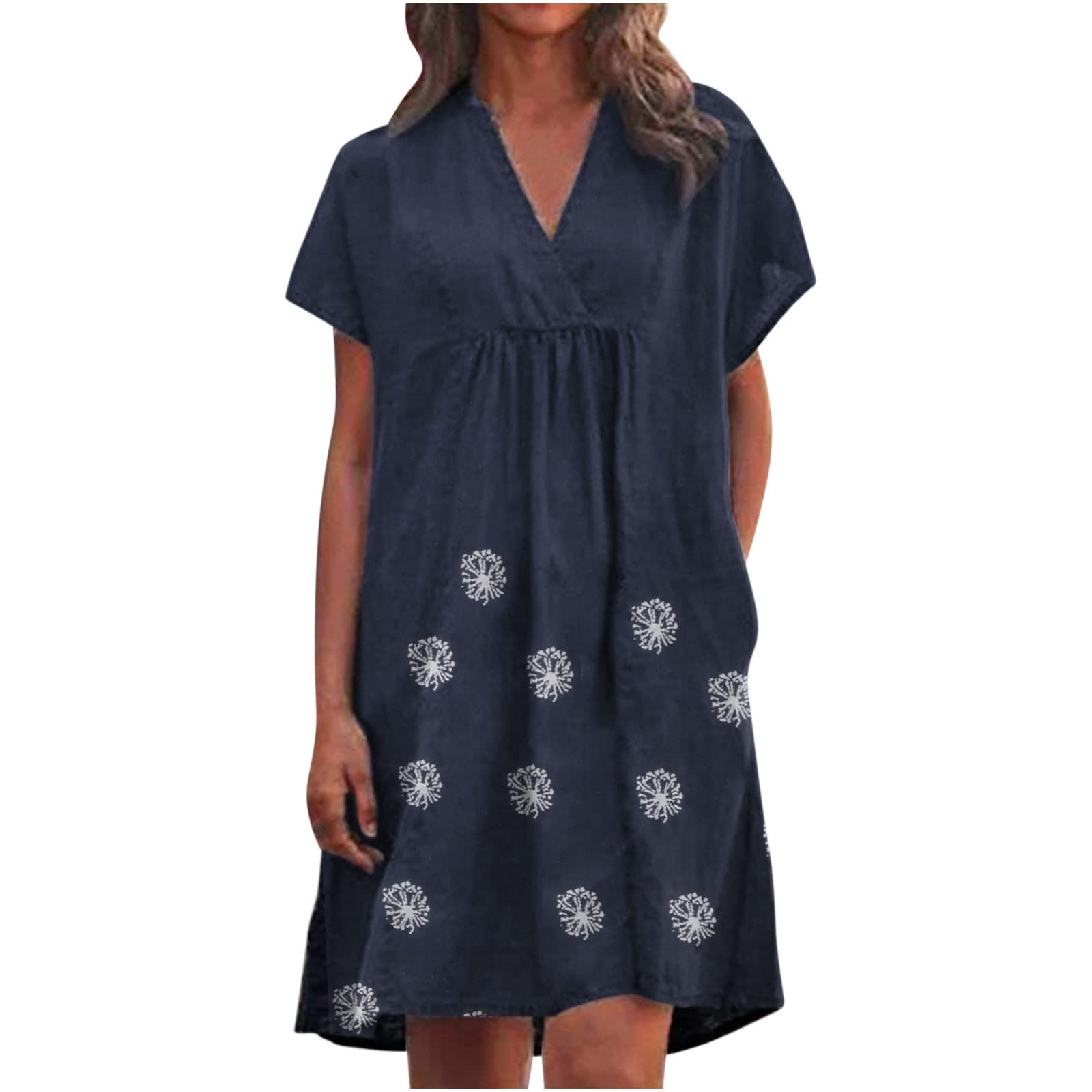 Women's Summer Cotton Linen Wrap Dress - Plus Size Short Sleeve V-Neck Mini Dress with Pleats | Casual Beach Wear, Vacation Outfit & Everyday Summer Dress