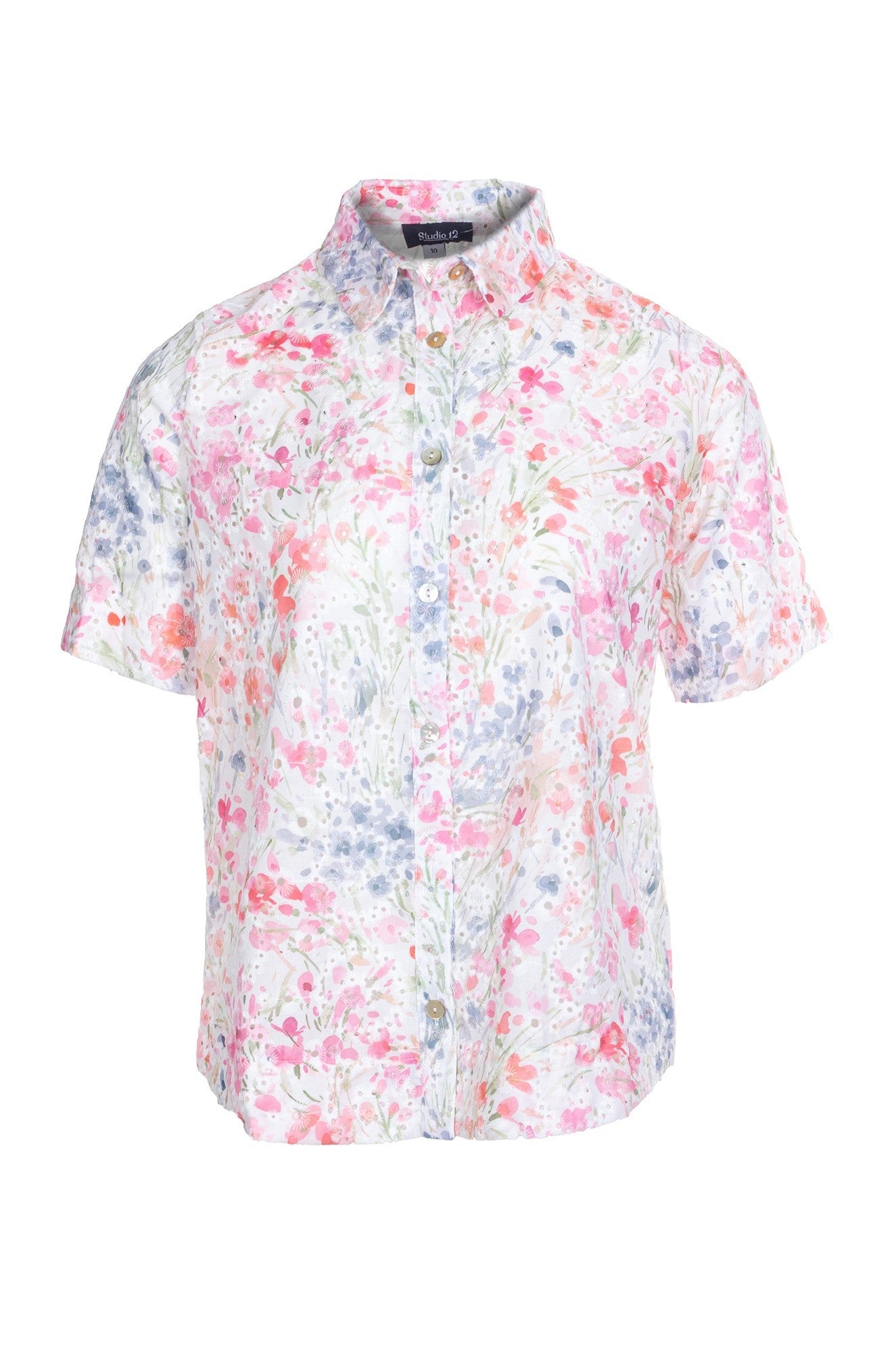 Floral Printed Broderie Anglaise Blouse for Women | Pink Watercolor Embroidered Cotton Top | 8401A1 | Perfect for Spring Outfits, Garden Parties & Date Nights