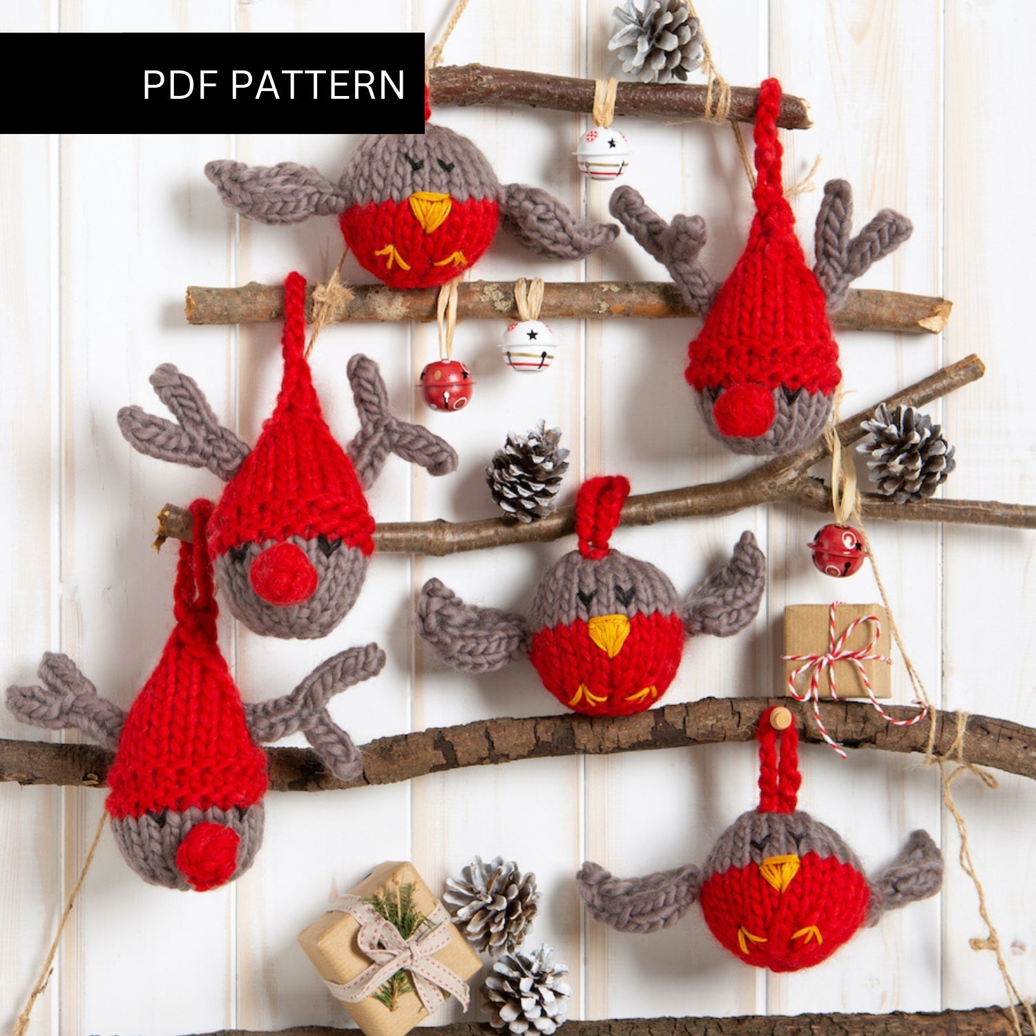 Christmas Knitting PDF Pattern - Reindeer and Robin Baubles for Holiday Decorations | DIY Festive Ornaments for Tree, Gifts & Home Decor